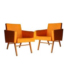 Oak and Yellow Faux Leather Armchairs, Czech Republic, 1960