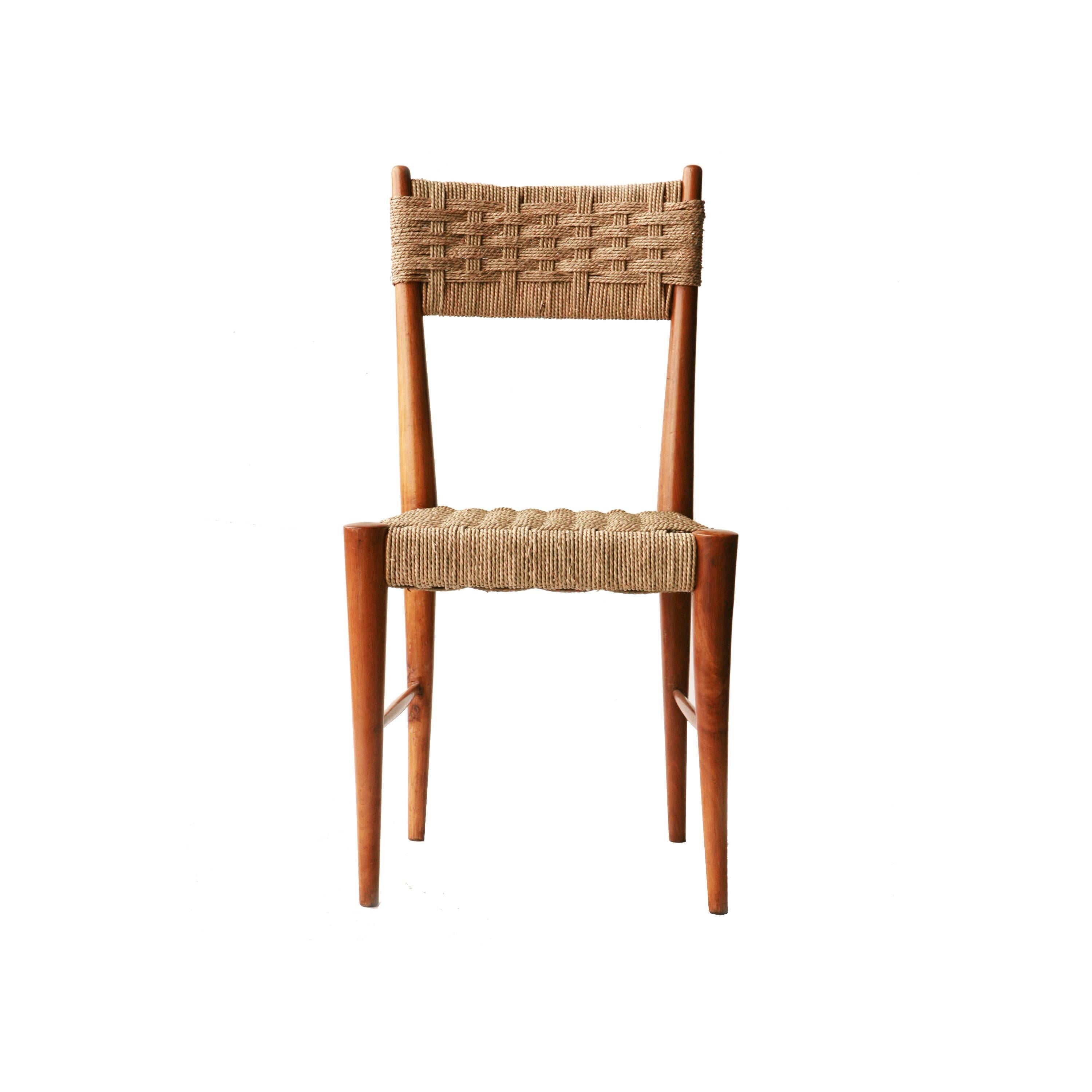 Mid-Century Modern Set of Six Chairs with Wooden Structure and Natural Fiber, Italia, 1950
