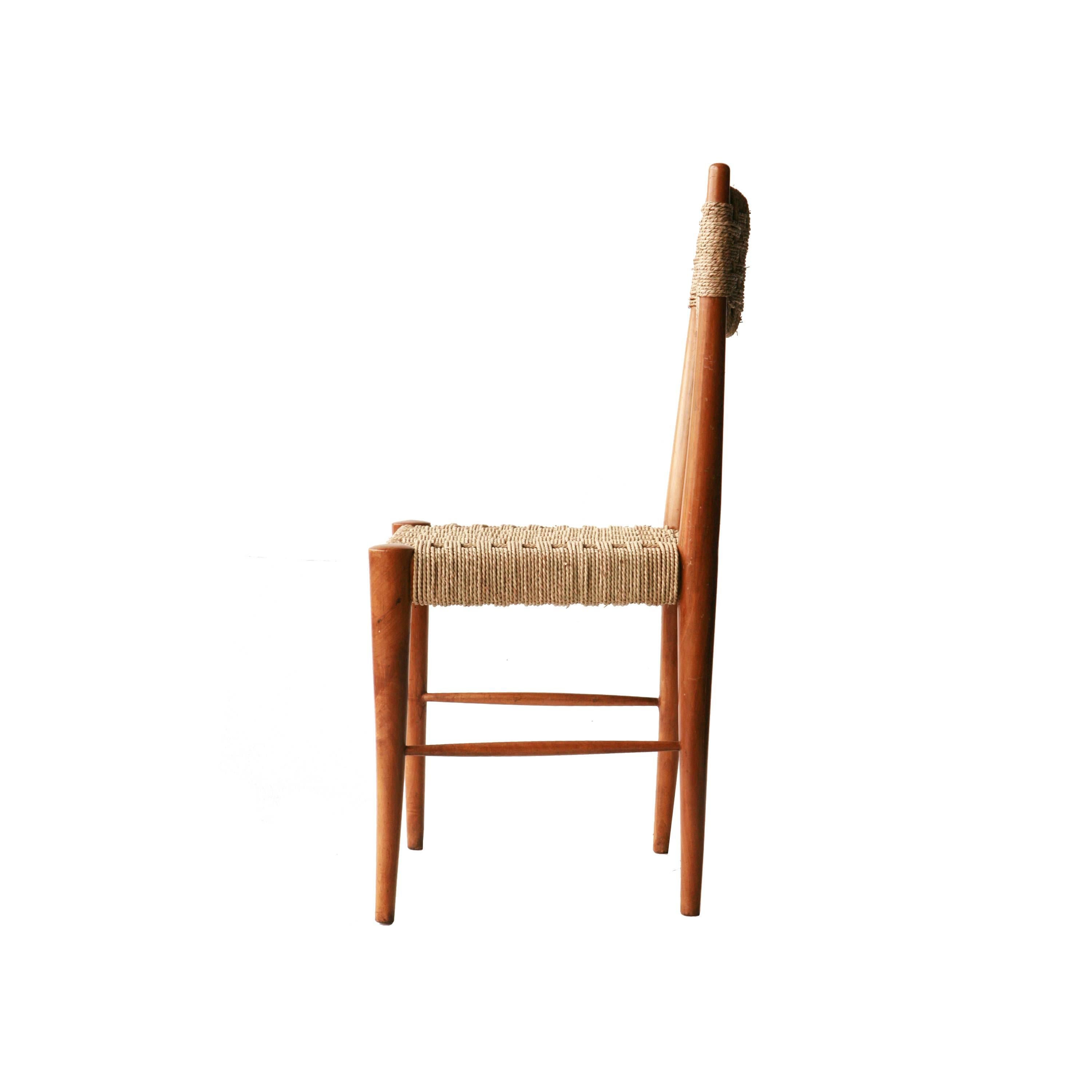 Set of six chairs with wooden structure.
Seat and backs are handmade with natural fiber.
  