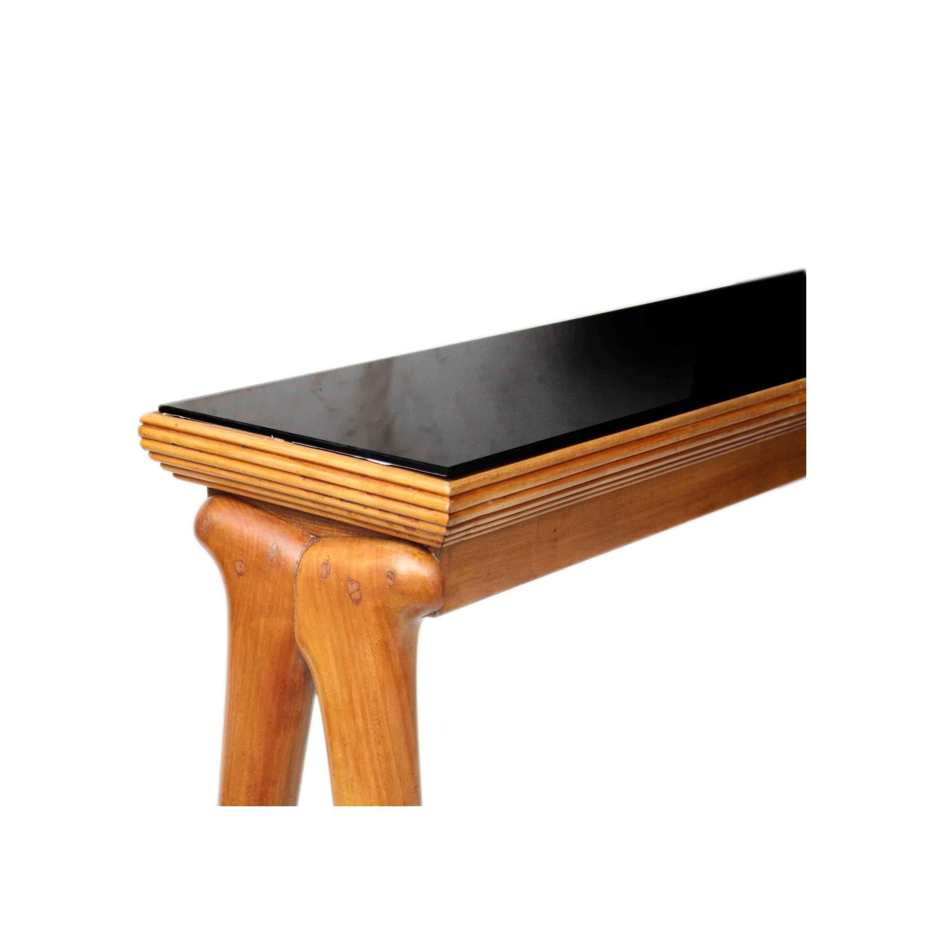 Oak wooden console with black glass tabletop.