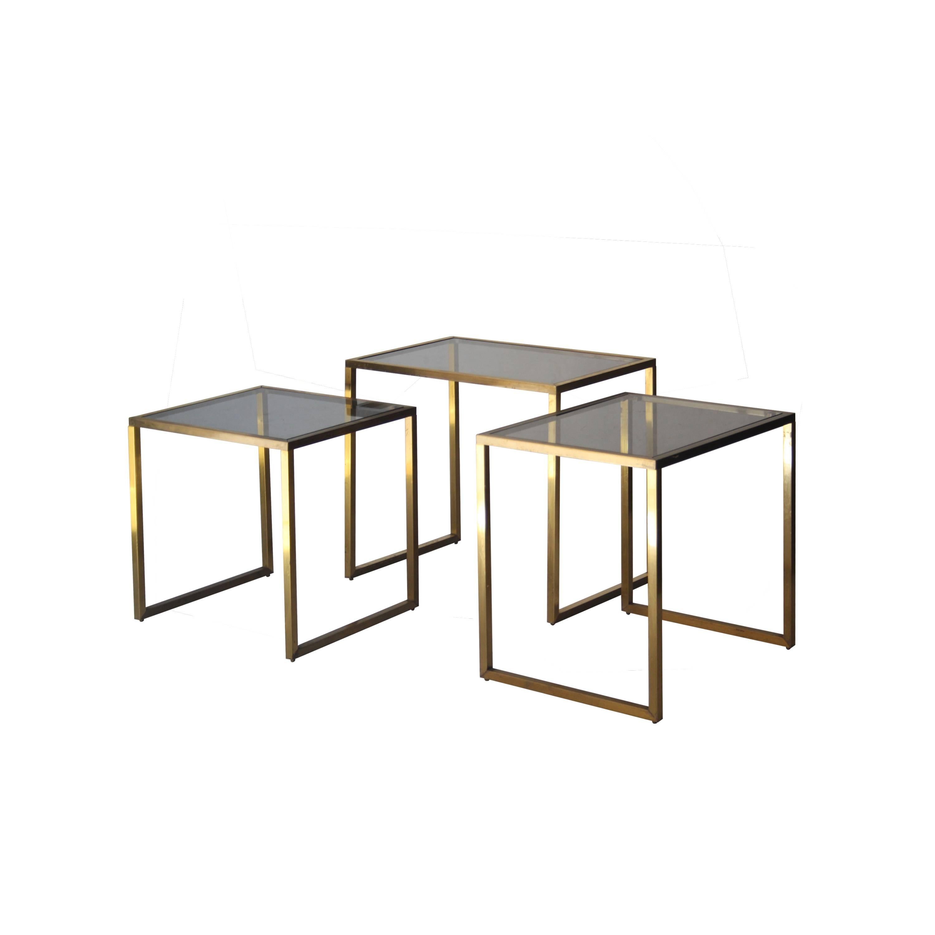 Mid-20th Century Midcentury Modern Rectangular Gold Brass Smoked Glass French Side Tables, 1960