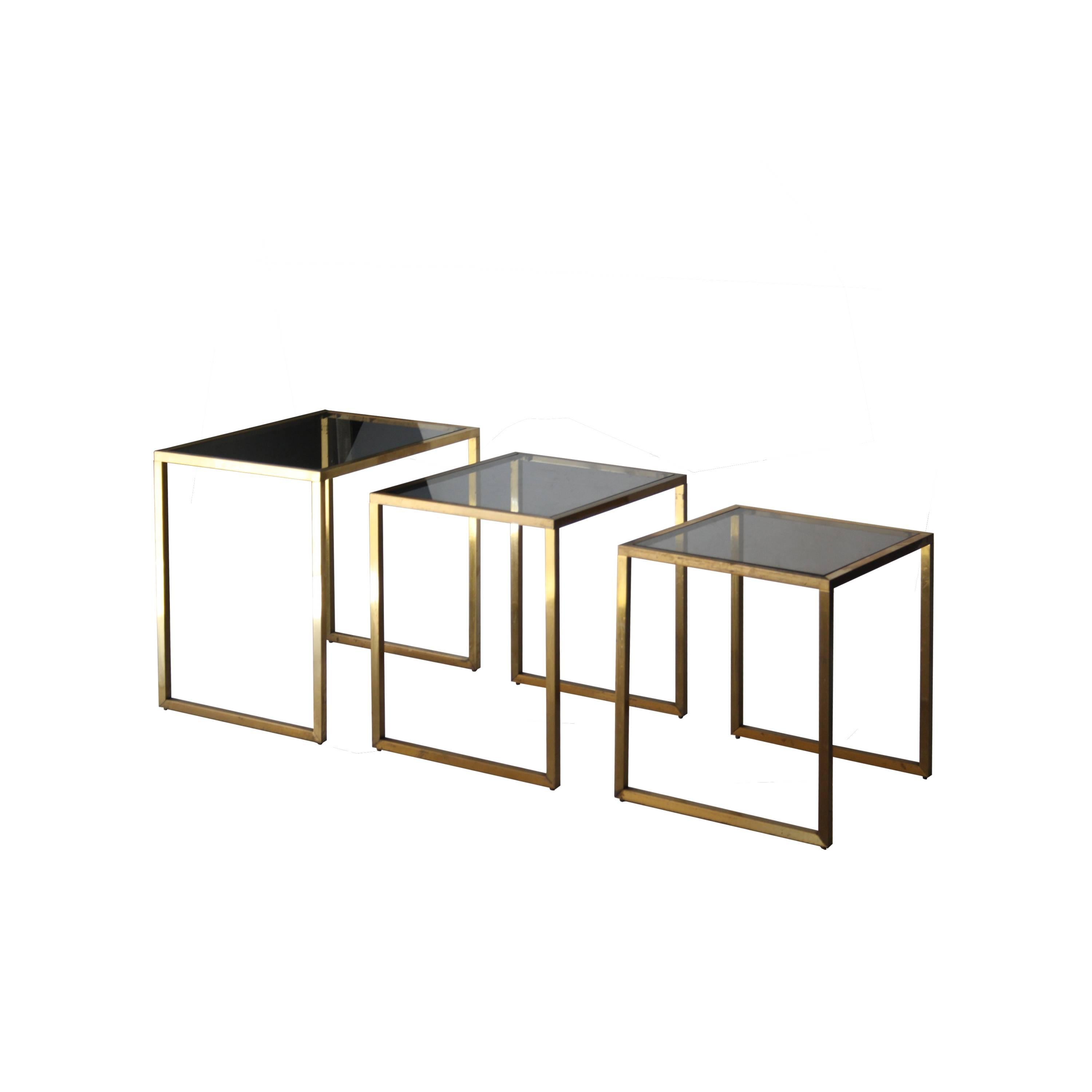 Midcentury Modern Rectangular Gold Brass Smoked Glass French Side Tables, 1960 1