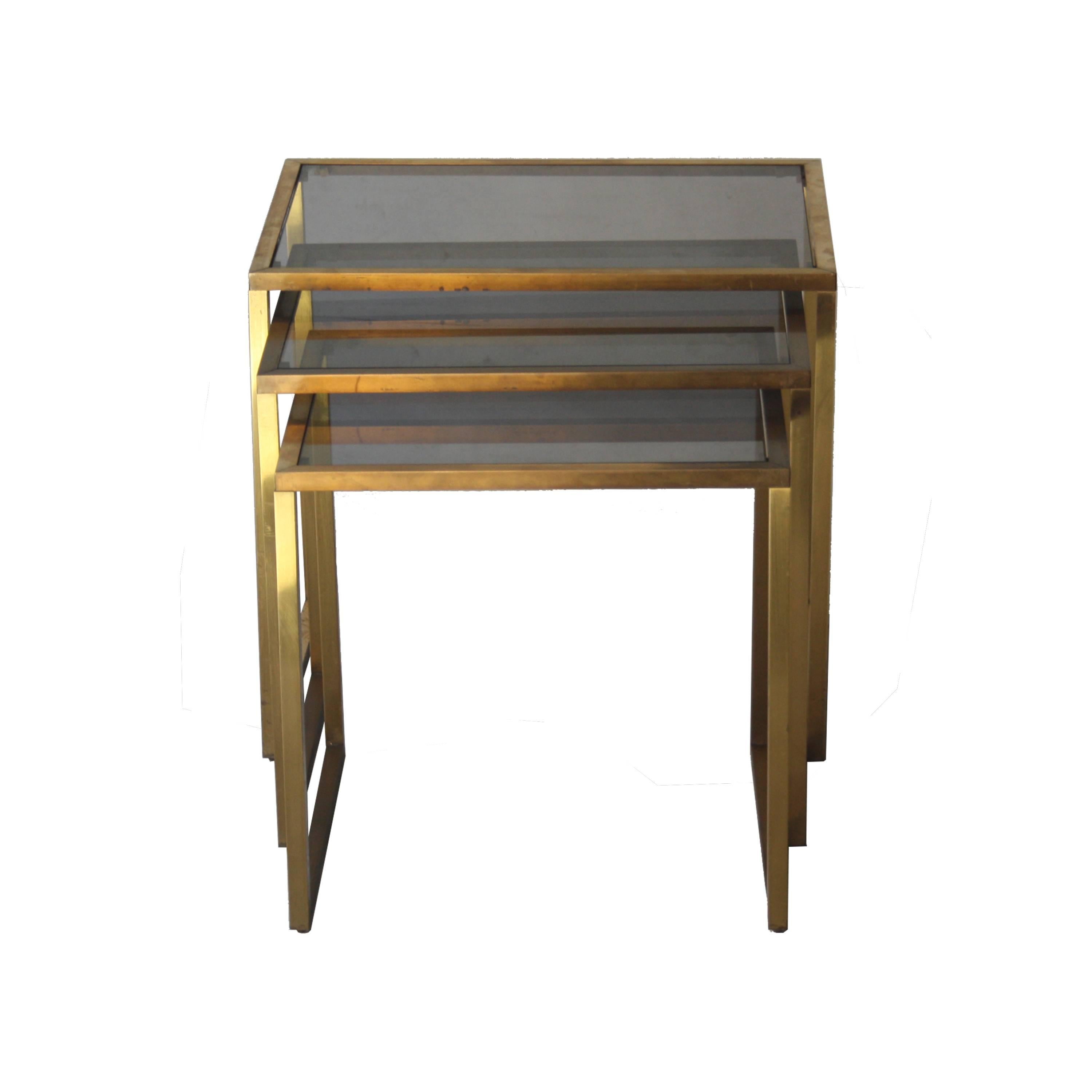Mid-Century Modern Midcentury Modern Rectangular Gold Brass Smoked Glass French Side Tables, 1960