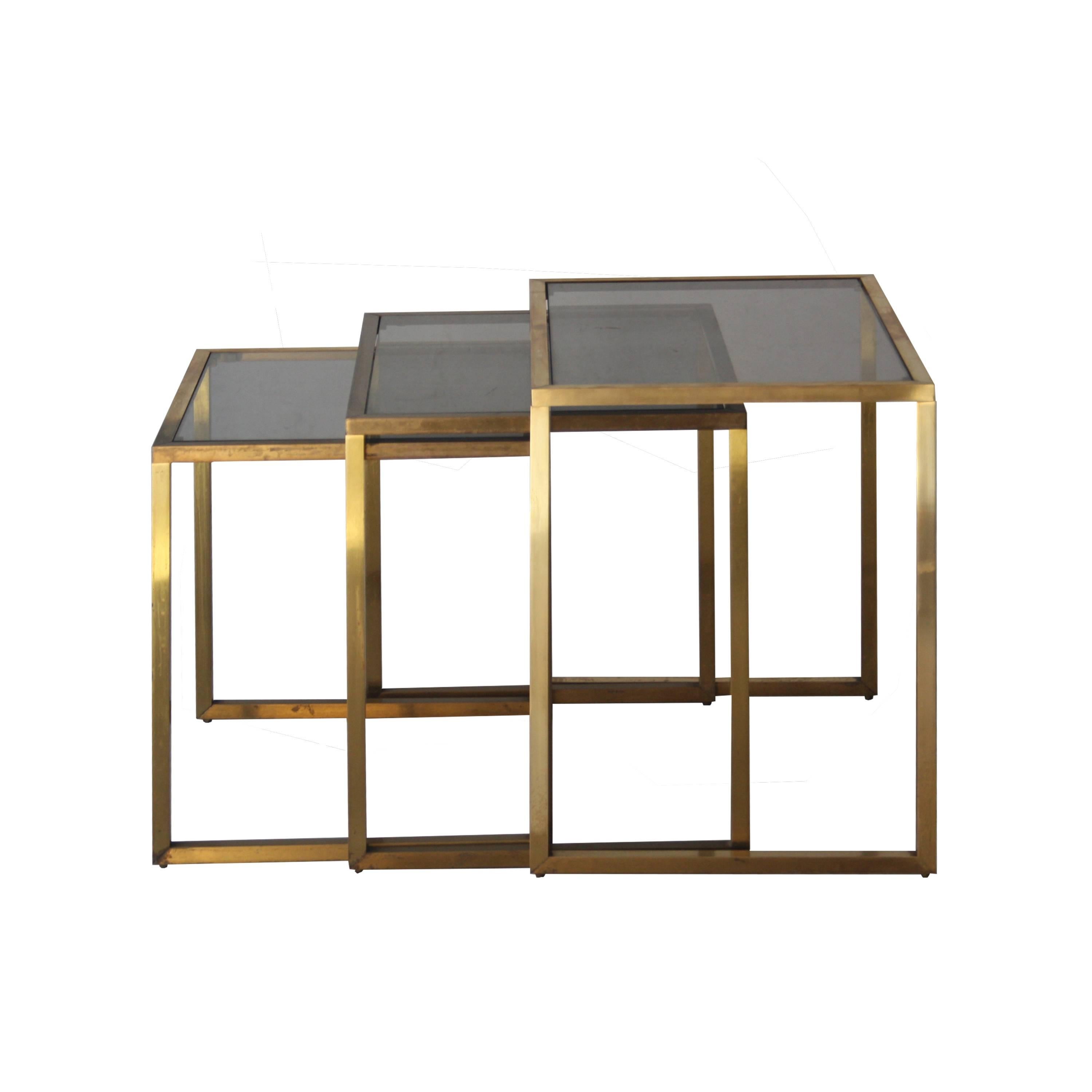 Midcentury Modern Rectangular Gold Brass Smoked Glass French Side Tables, 1960 In Good Condition In Madrid, ES