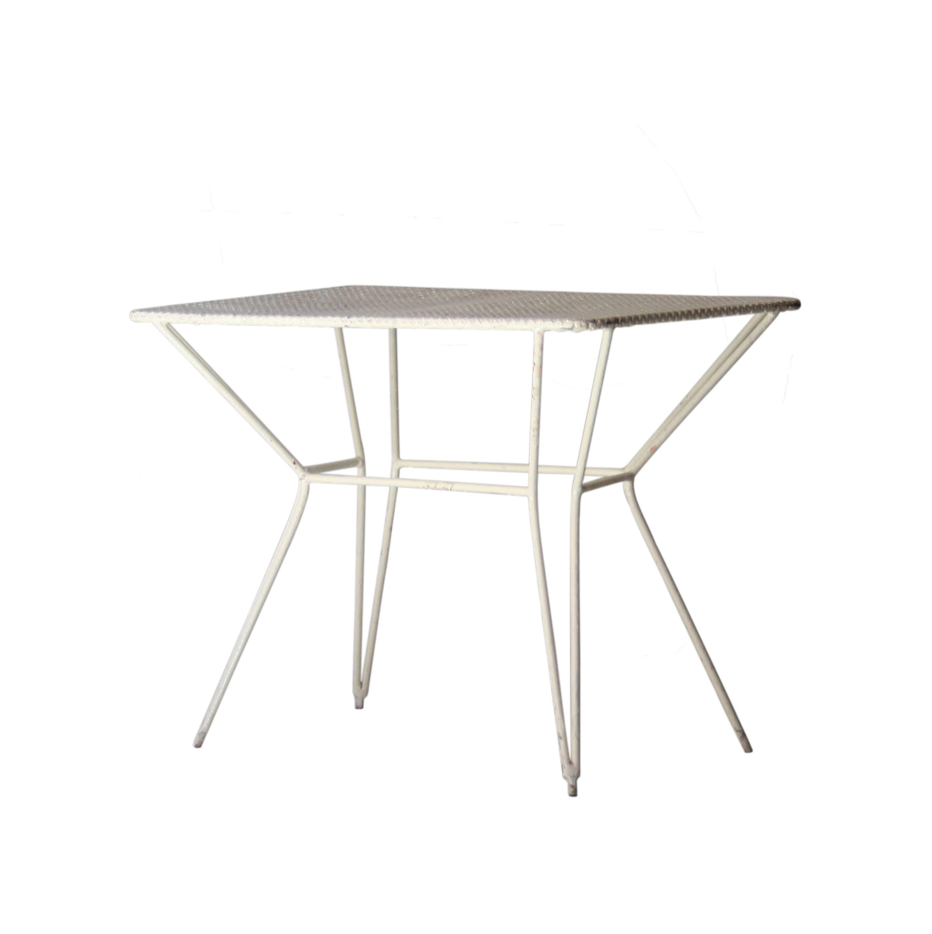 Pair of rectangular side tables with white lacquered solid iron structure and perforated plate top.