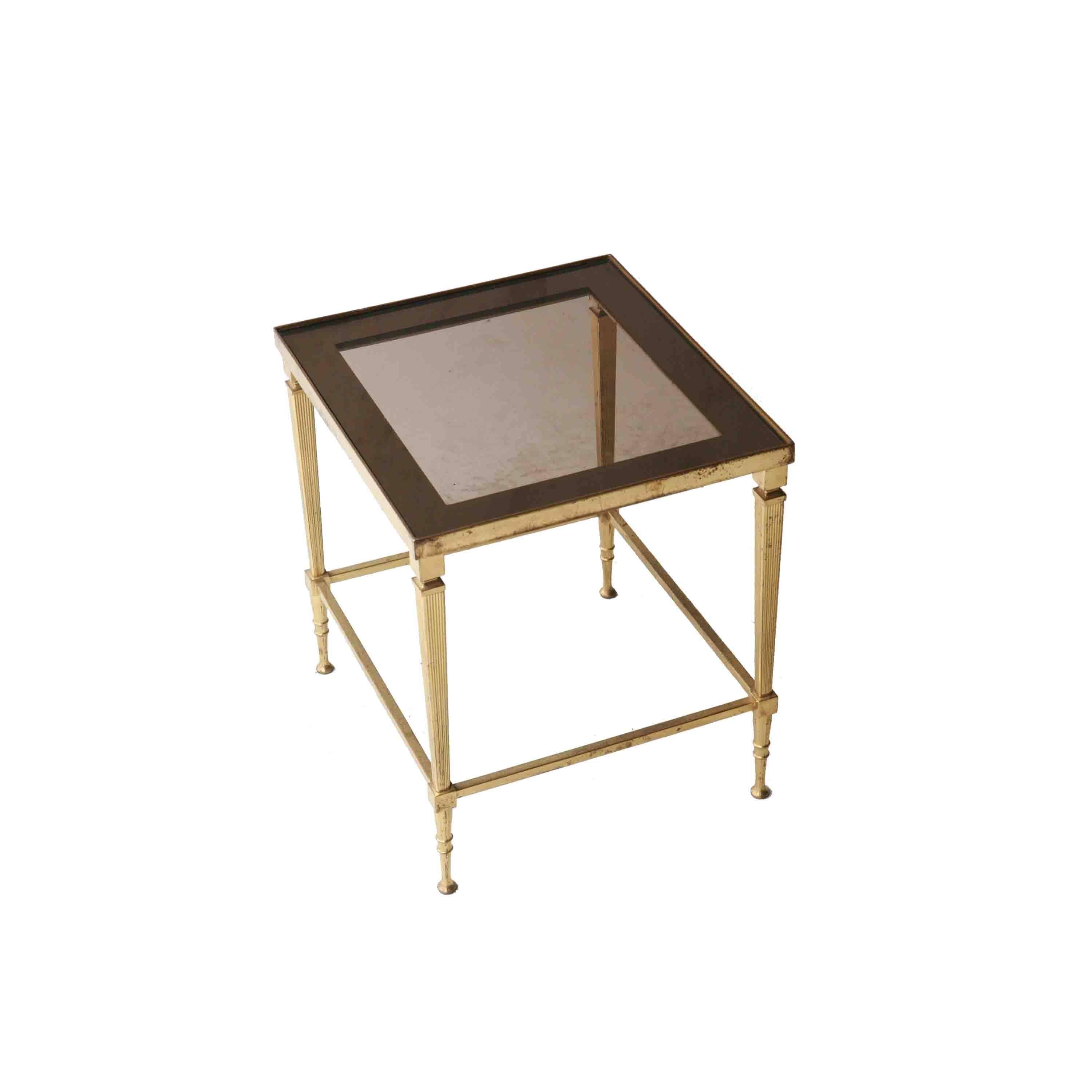 Side table with chiselled bronze structure in neoclassic shape. Mirrored and smoked glass top. Edited by Maison Jansen.
 