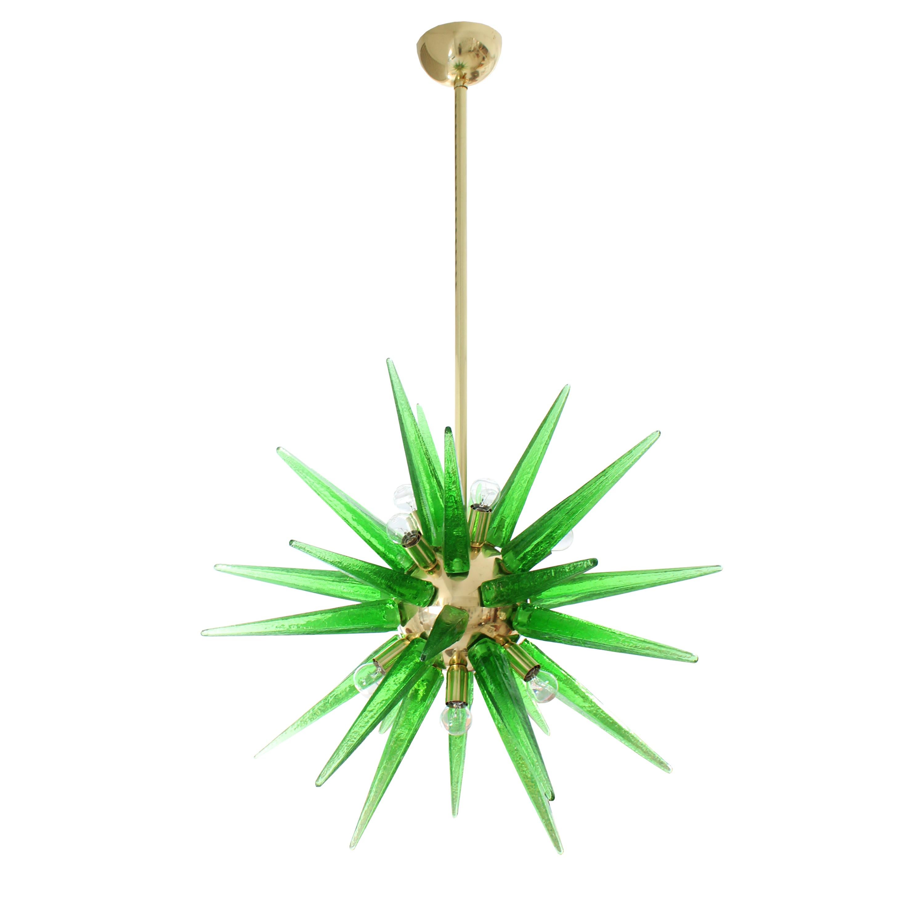 Lampada in stile Sputnik in vetro di Murano verde e ottone, Italia, 1970