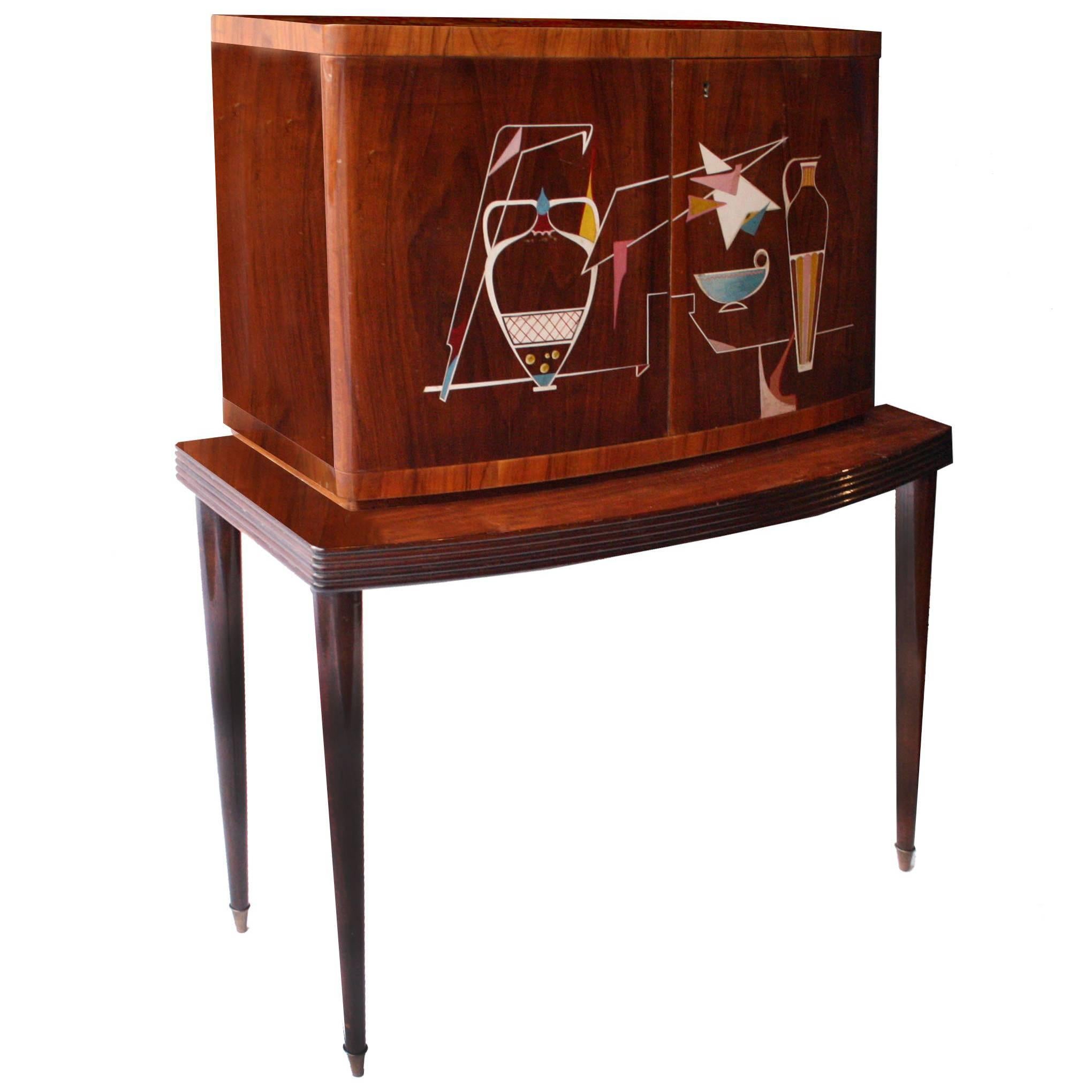 Midcentury Multicolor Rosewood Lemon Tree Italian Bar Cabinet, 1950