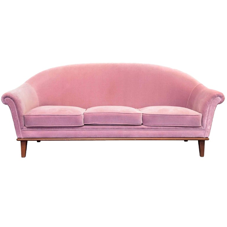 Scandinavian Modern Curved Pink Velvet Upholstered Swedish Sofa, 1950