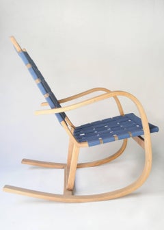 After Alvar Aalto Curved Blue Beige Birchwood Finnish Rocking Chair, 1940