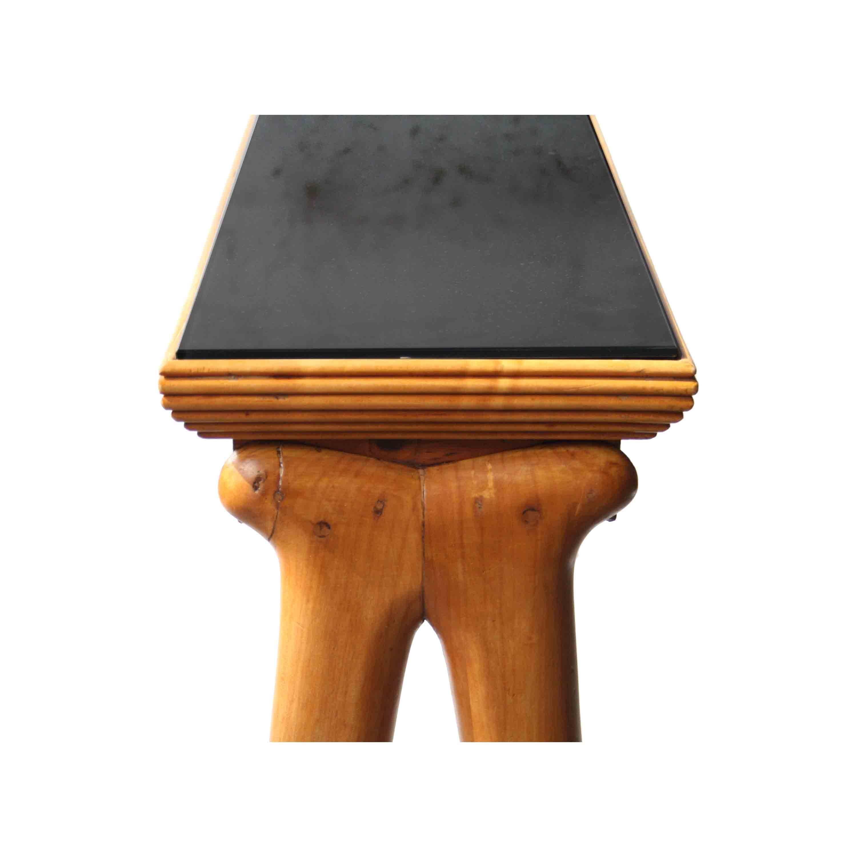 Mid-Century Modern Wooden Console with Black Glass Tabletop