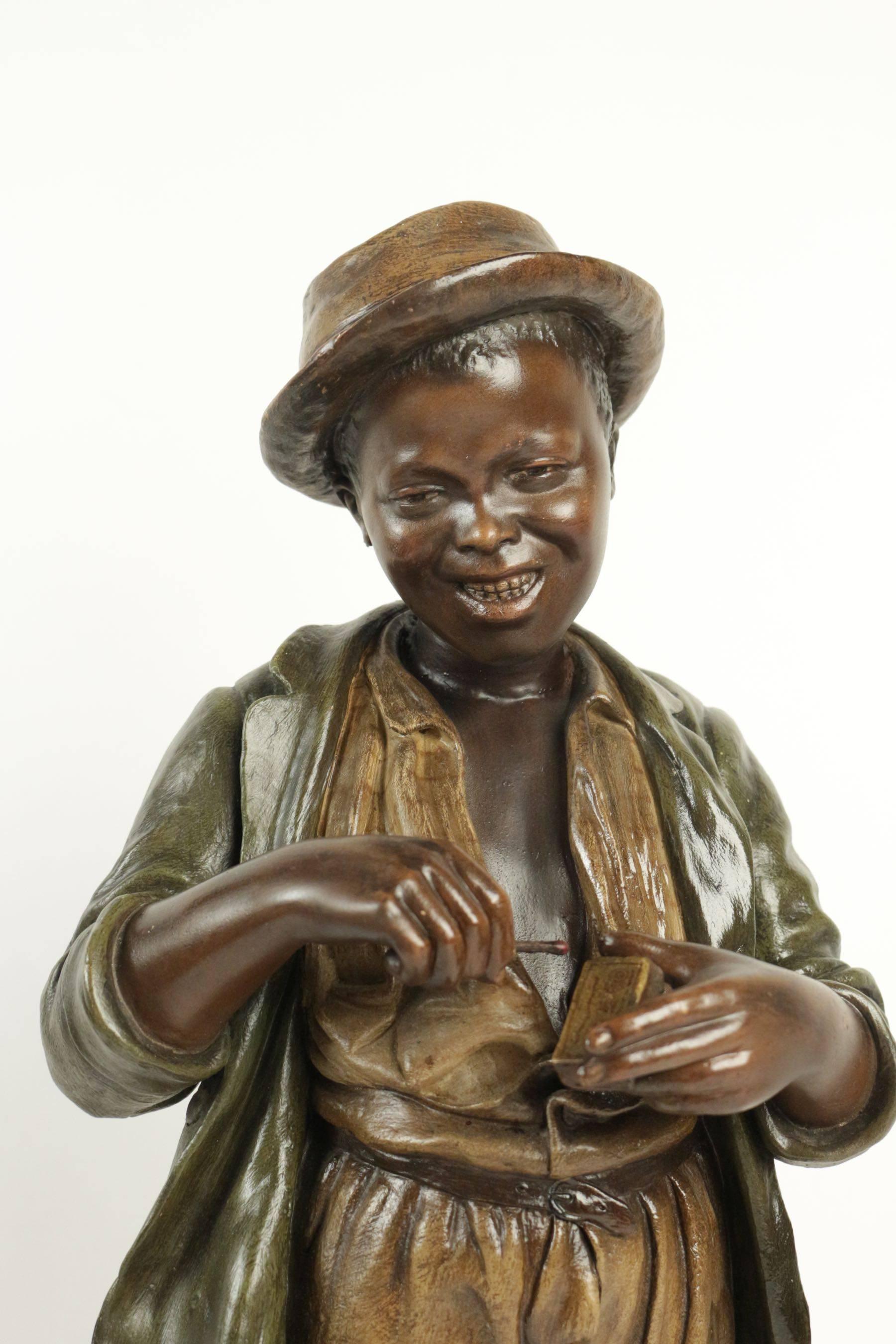 Goldsheider(1845-1897) Small Black Man using a match
In terra cotta, signed by Goldscheider (1845-1897) and numbered Time 19th century
Measures: H 58; L 21.
cos Friedrich Goldscheider (1845-1897) He became one of factories the most influential