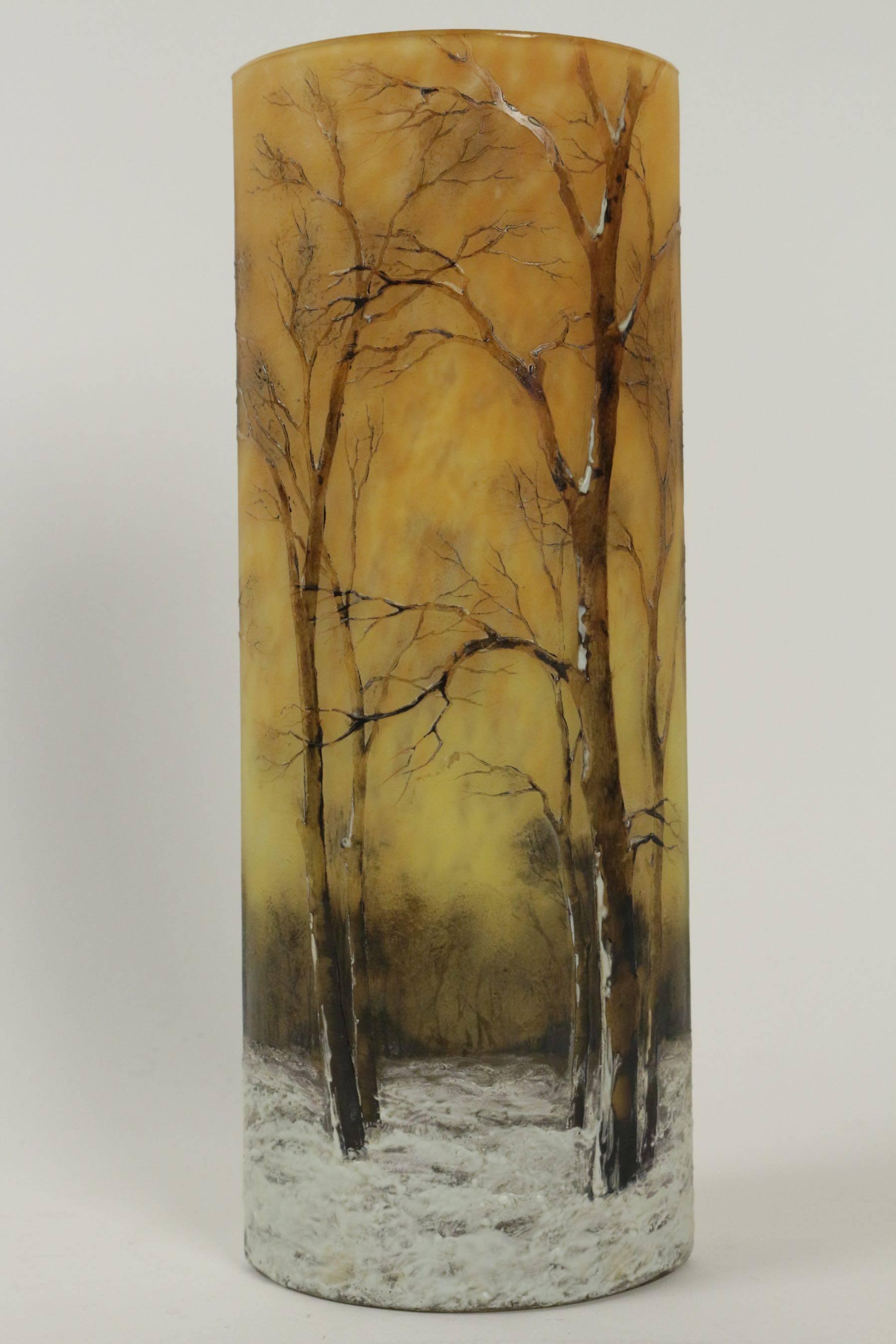  Important Daum Enameled Glass 'Winter Landscape' Vase In Good Condition In Saint-Ouen, FR