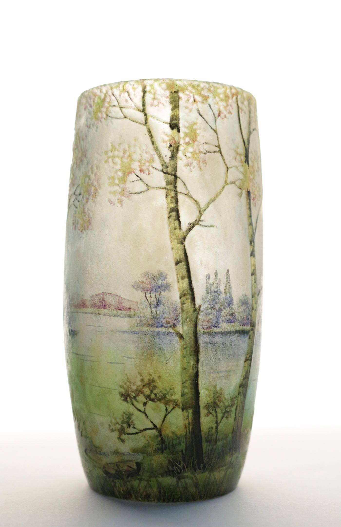 Art Nouveau Daum Enameled Glass 'Sprint Landscape' Vase