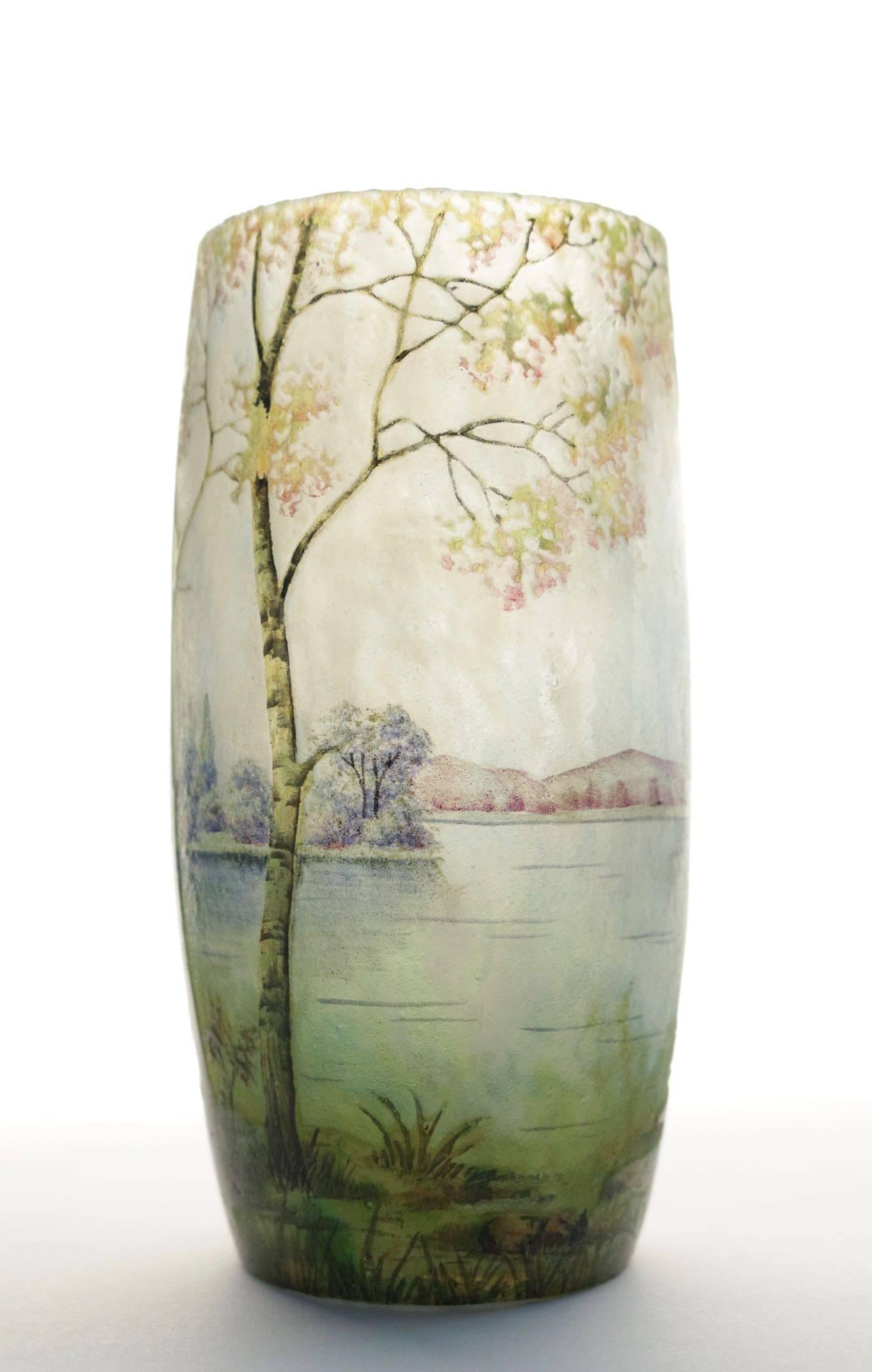 French Daum Enameled Glass 'Sprint Landscape' Vase