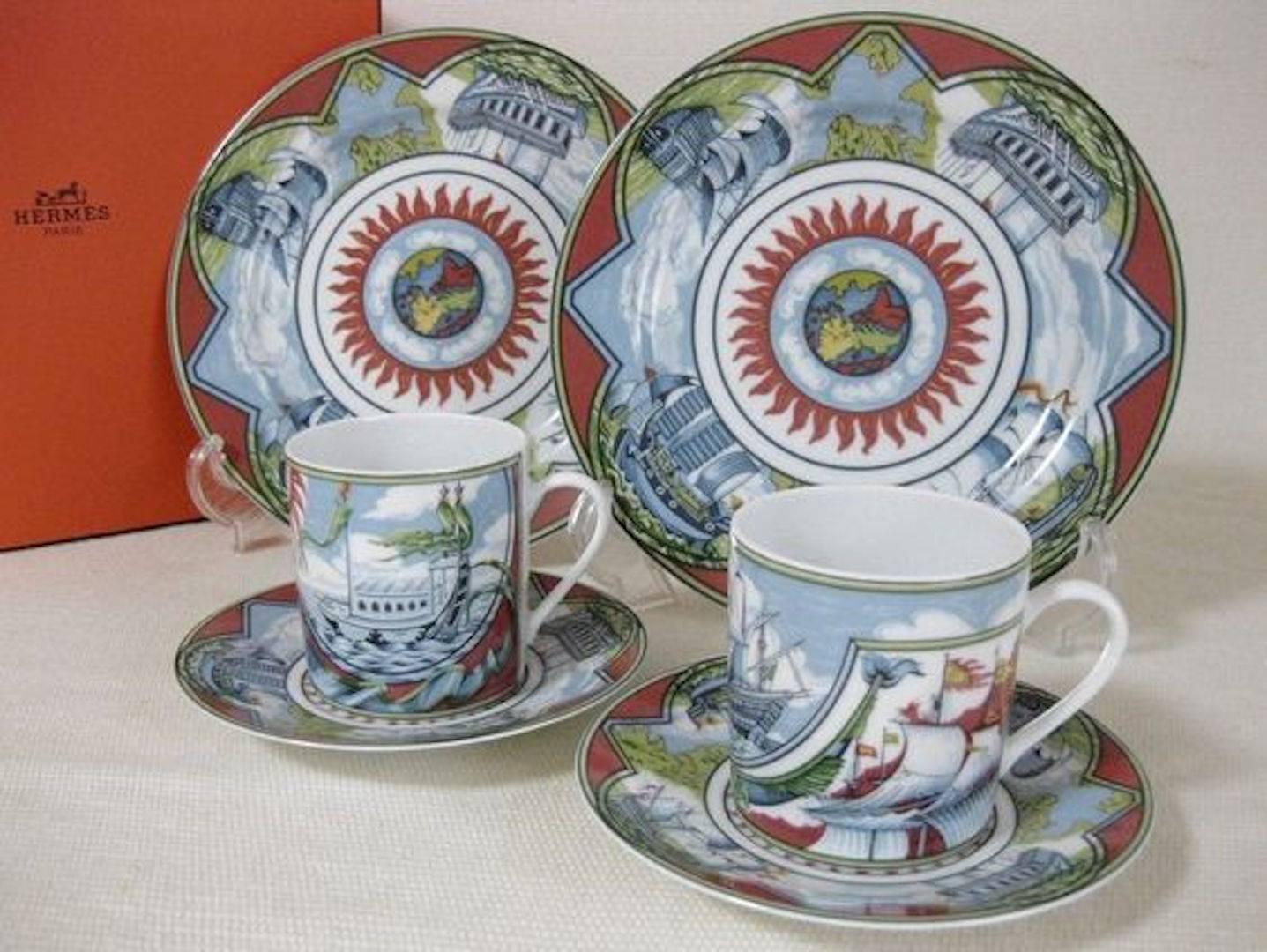 Hermes Paris made in France
Coffee set collection “Patchwork” five coffee cups and saucer: Jonque, Auban et Galion porcelain. Cup diameter: 2.7 inch x H 2.8inch (diameter: 6.8cm x height 7.2 cm)

 Saucer diameter: 5.5 inch x H 0.7 inch