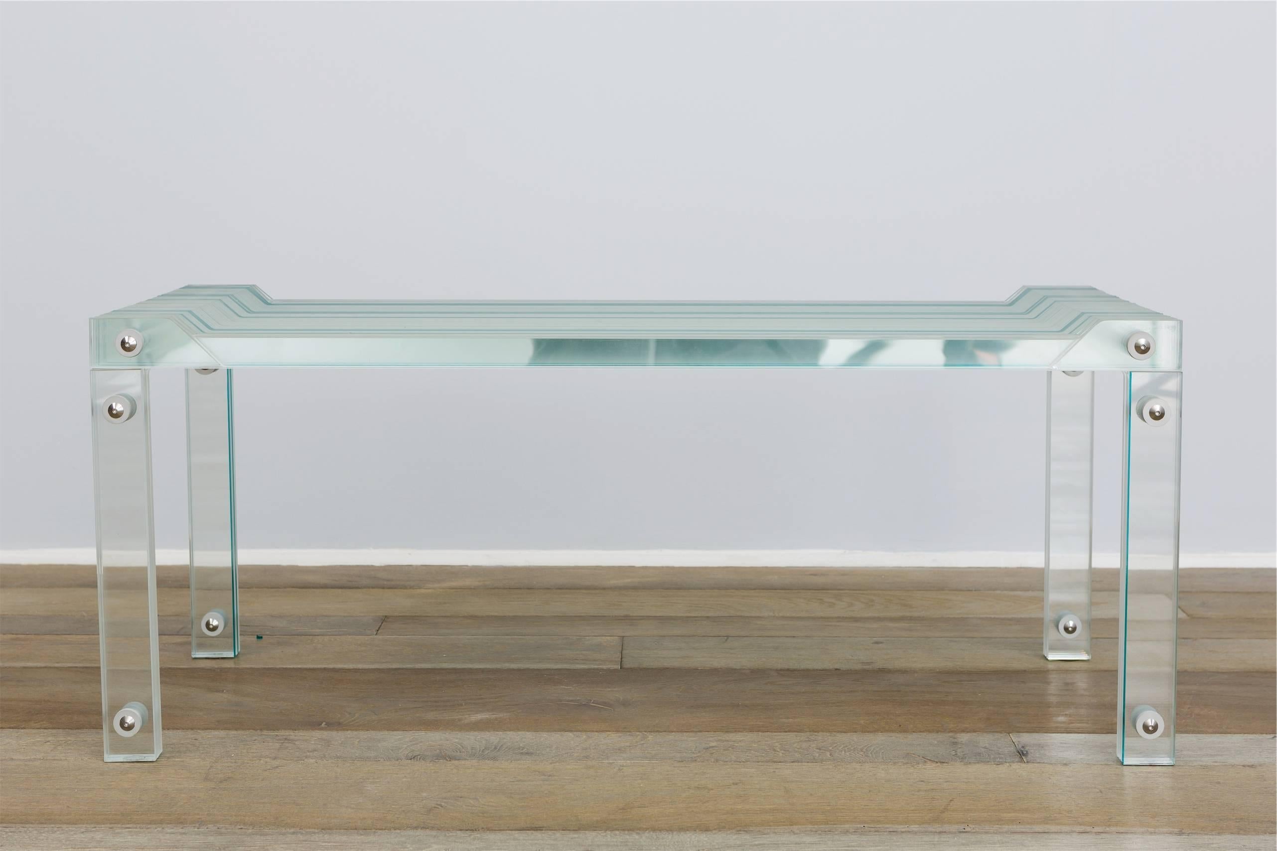 Aluminum Contemporary Bench 'BENCH.GG.17' by Thomas Lemut in Tempered Glass  For Sale