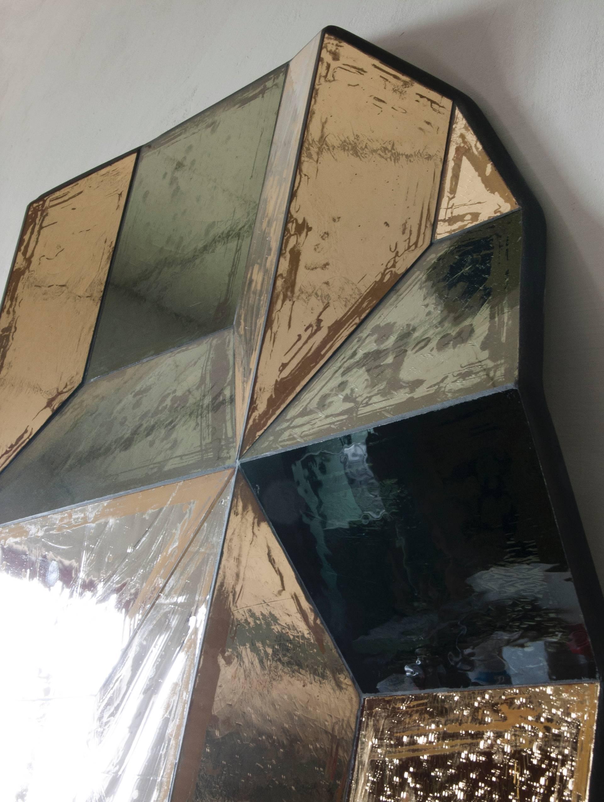 Mirror by British artist Sam Orlando Miller made of obsidian silver and amber mirror and Naples yellow patina. 

Measures: H 153 / W 115 / D 6 cm.
H 60.2