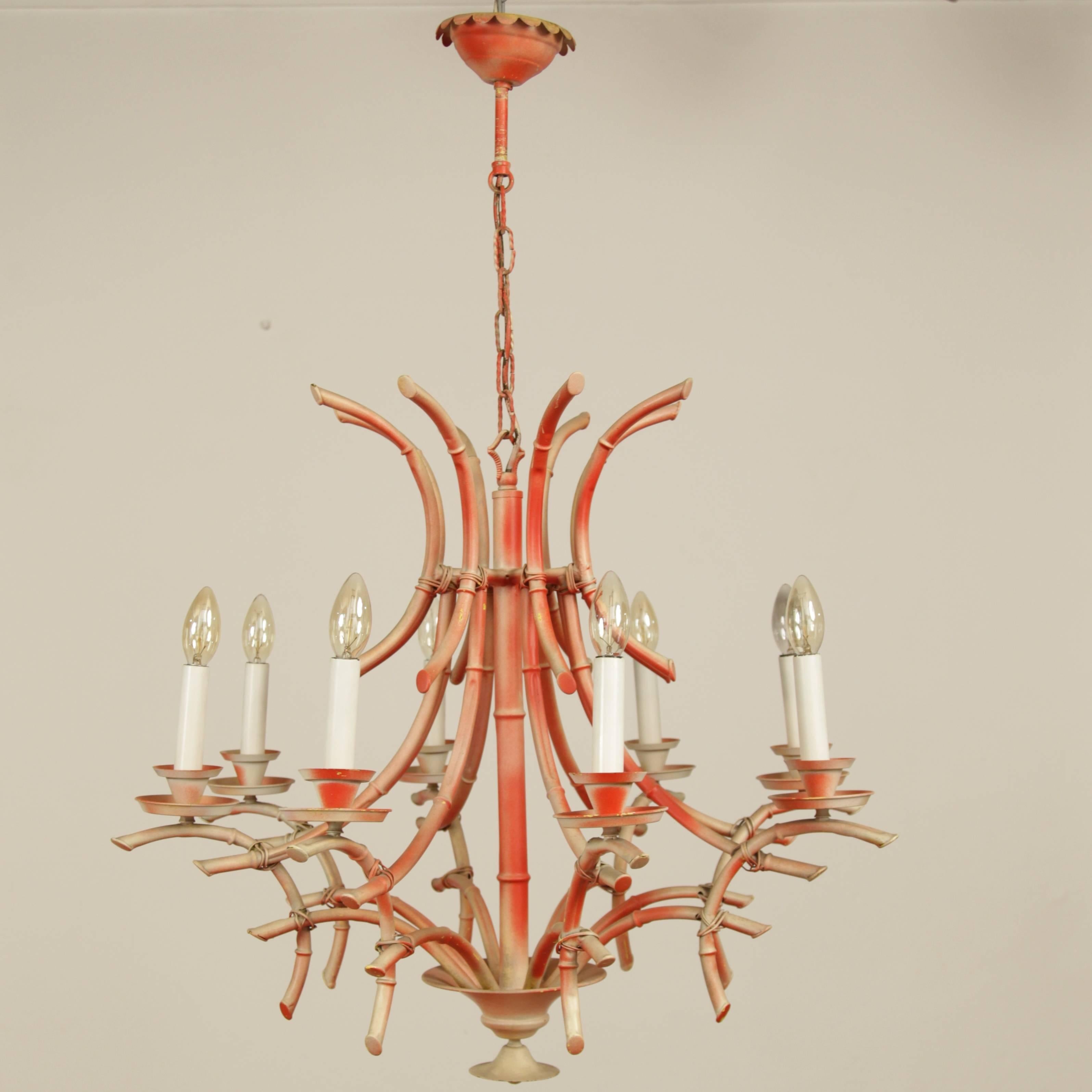 Vintage Italian Faux Bamboo Chinese Chippendale Style Pagoda Chandelier In Good Condition In Berlin, DE