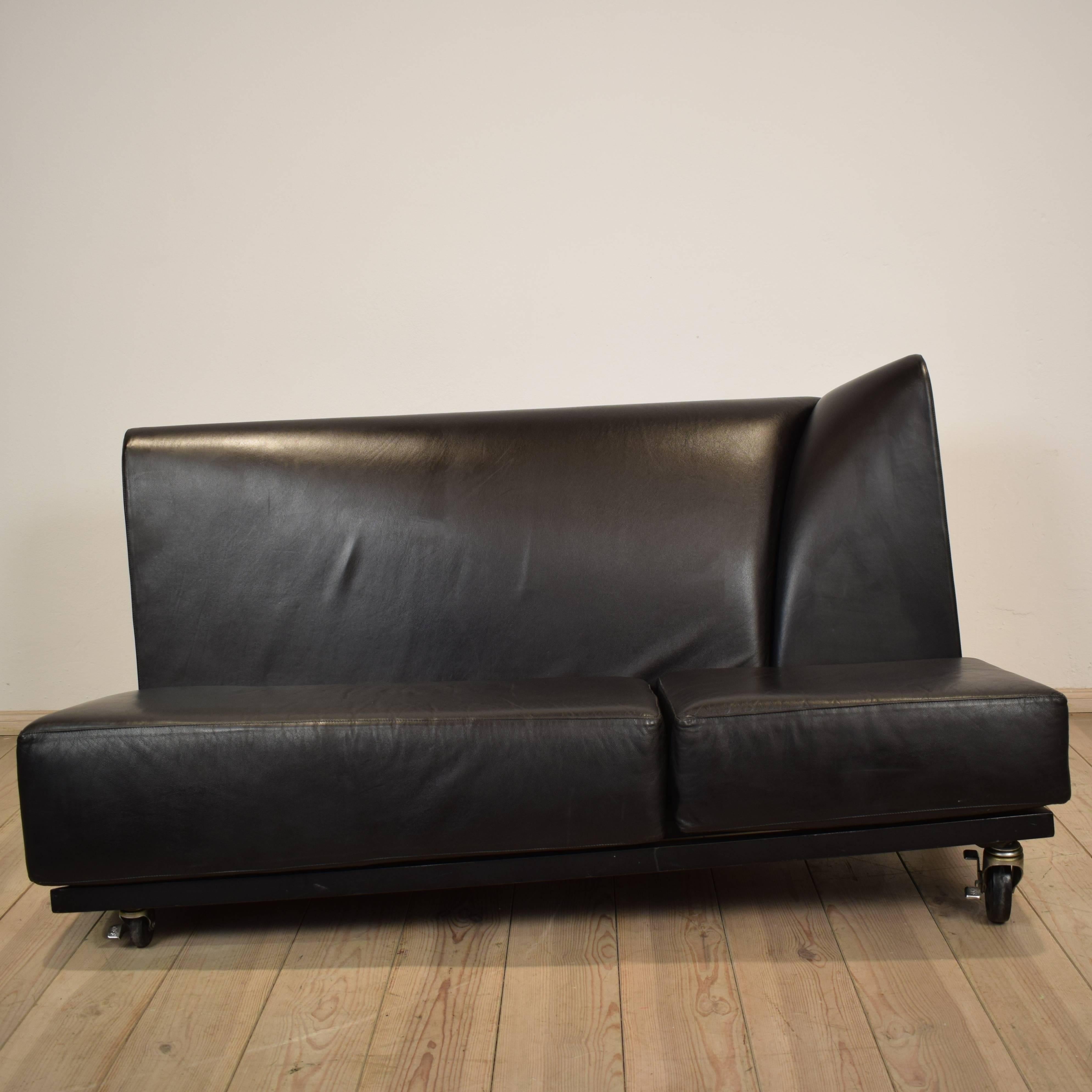 Post-Modern Mid-Century Memphis Black Leather Sofa by Pallucco and Rivier for Pallucco, 1988