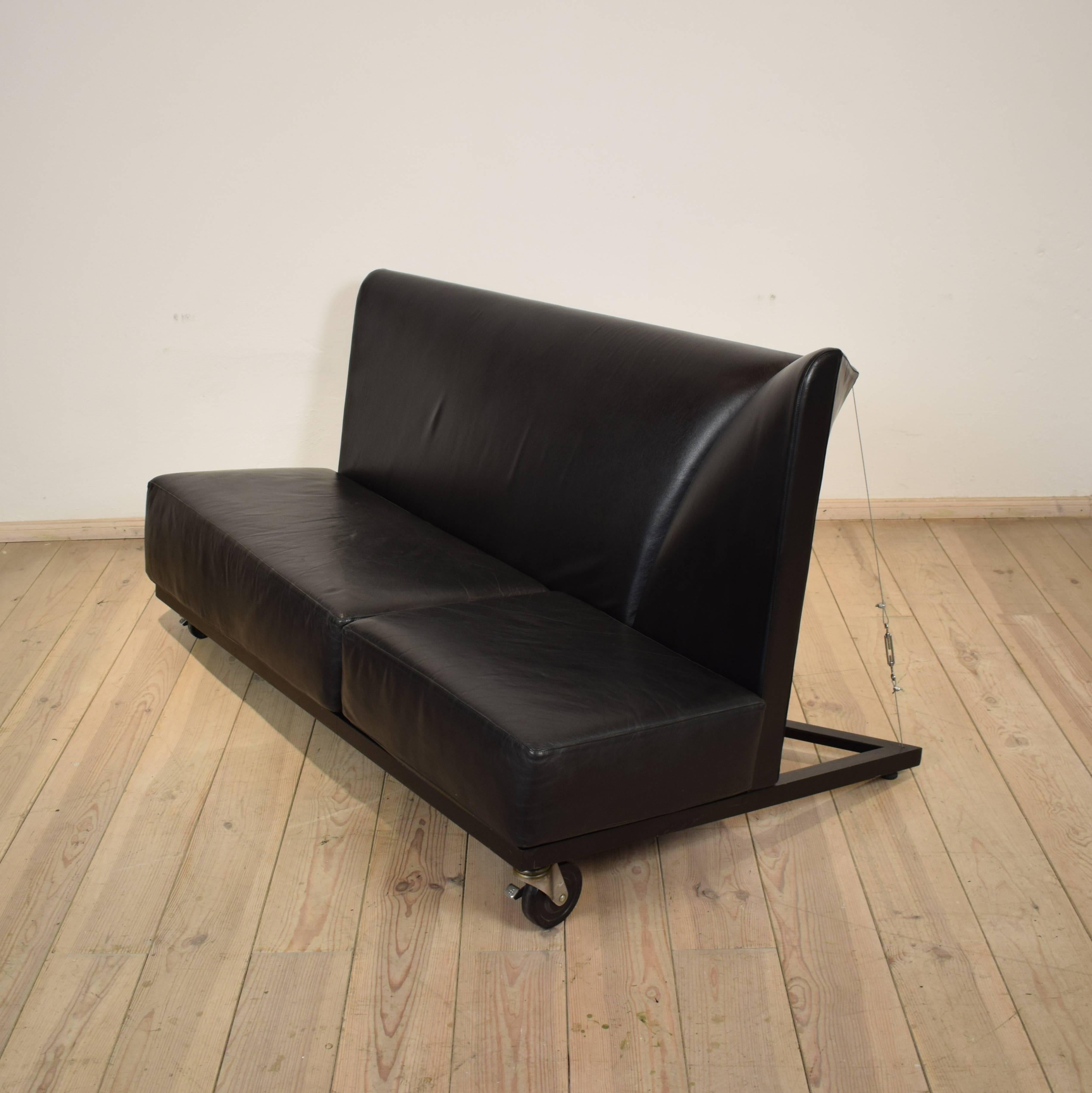 Late 20th Century Mid-Century Memphis Black Leather Sofa by Pallucco and Rivier for Pallucco, 1988