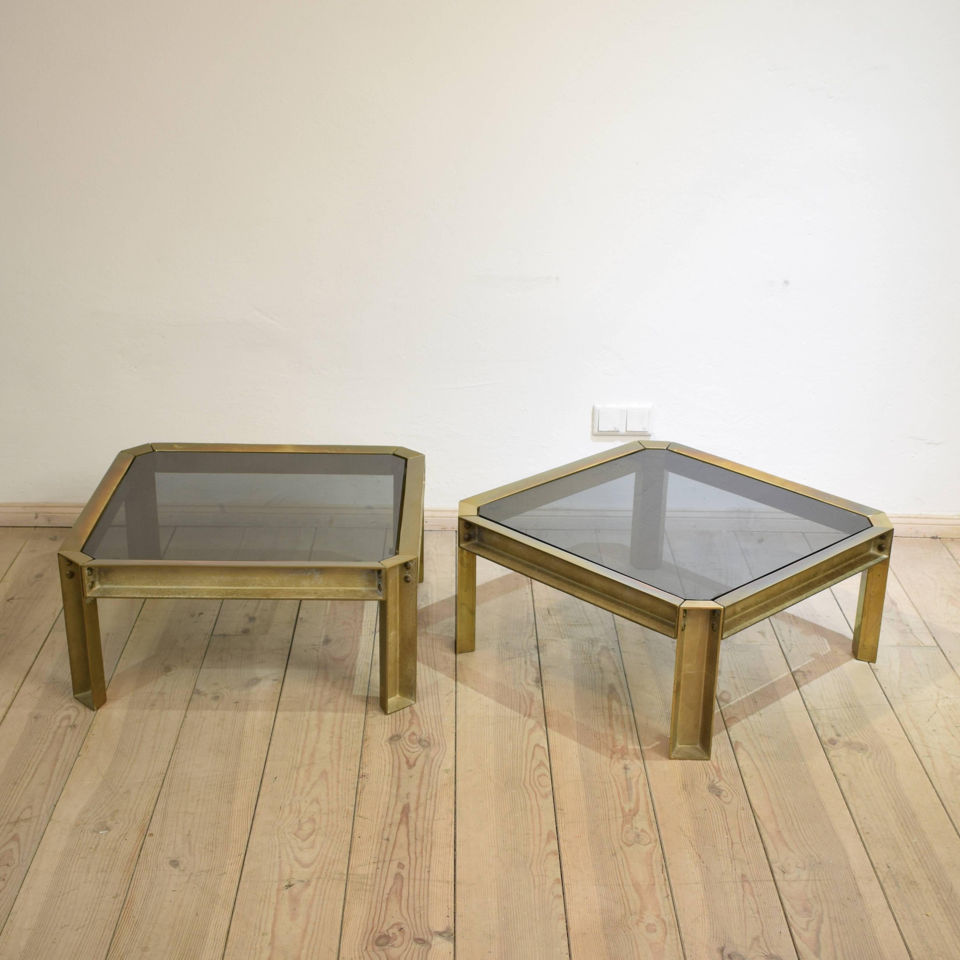 Mid-Century Modern Pair of Casted Brass Coffee Tables with Smoked Glass Top by Peter Ghyczy, 1970s