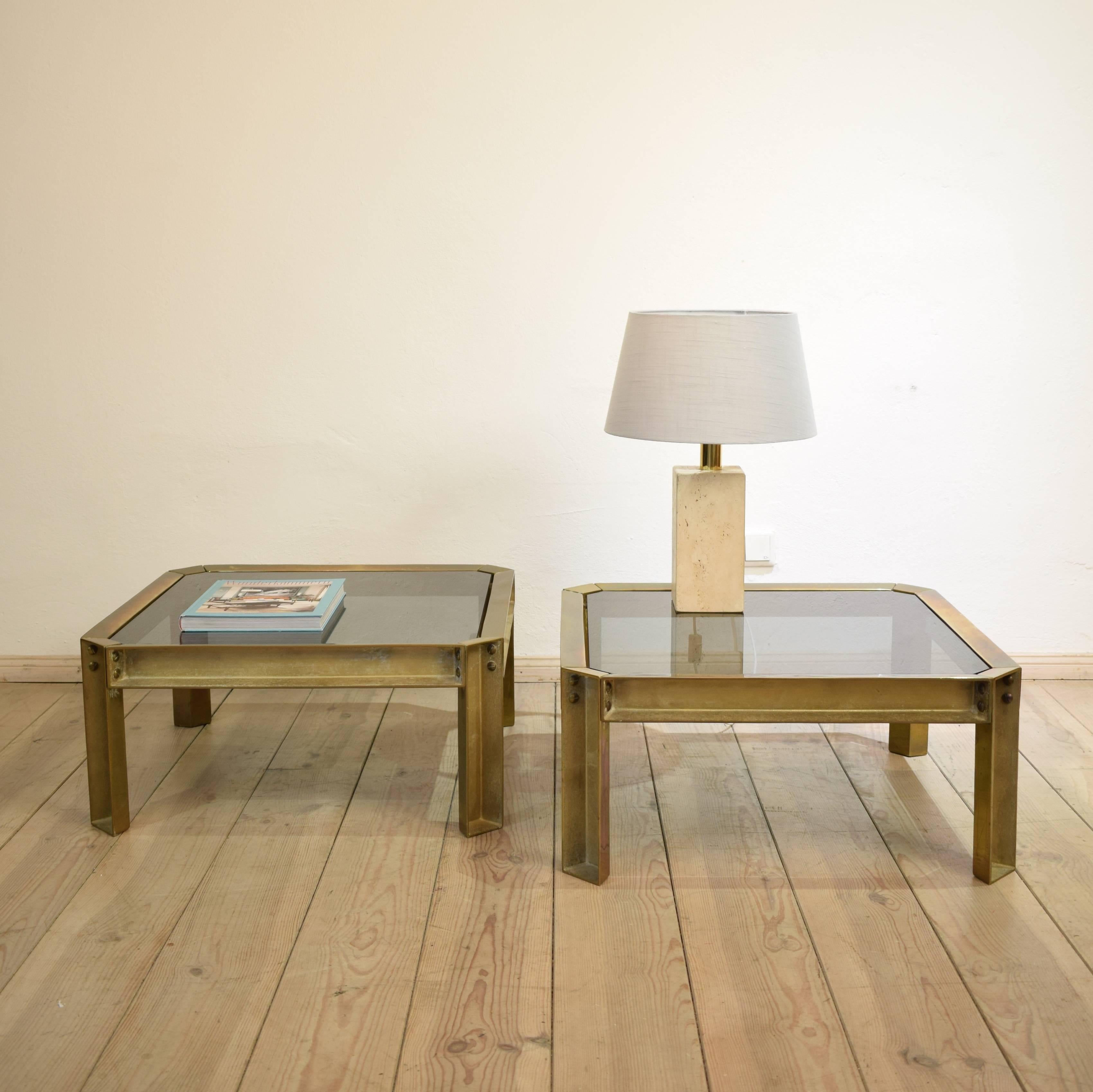 Pair of Casted Brass Coffee Tables with Smoked Glass Top by Peter Ghyczy, 1970s In Excellent Condition In Berlin, DE