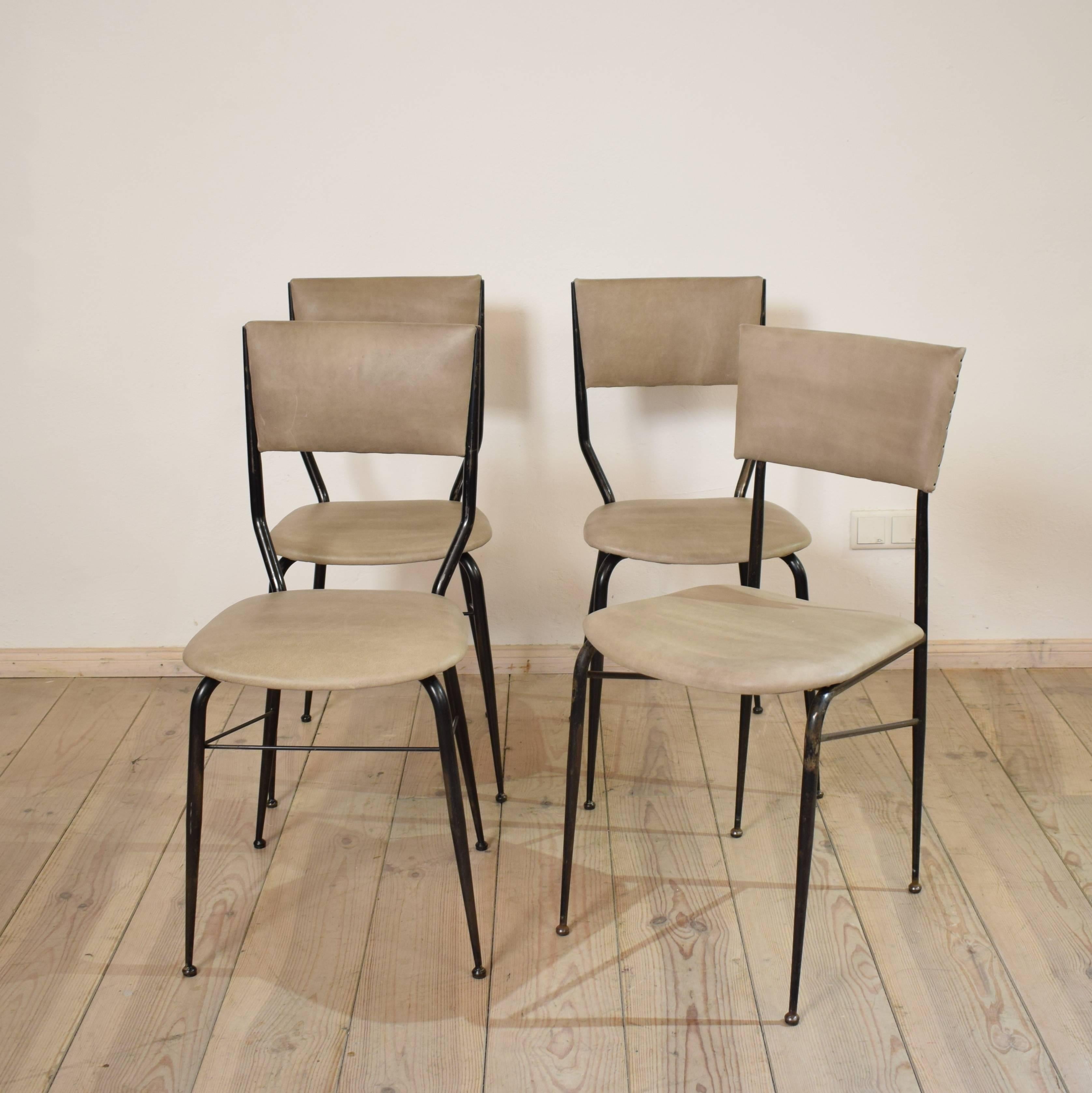 Mid-Century Modern Midcentury Italian Metal and Leather Dining Chairs, Set of Four