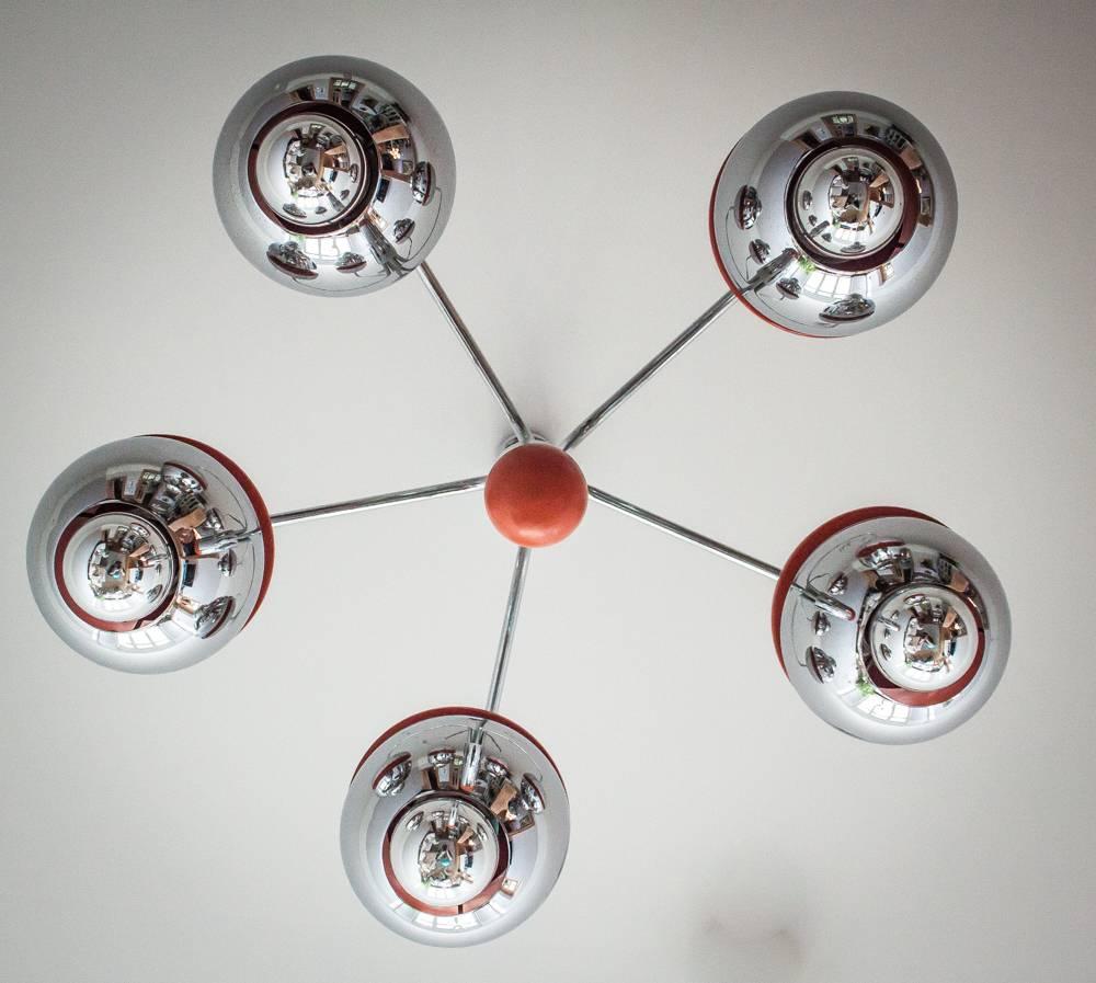German Great Kaiser Chrome Orange Space Age Ceiling Chandelier from 1960s