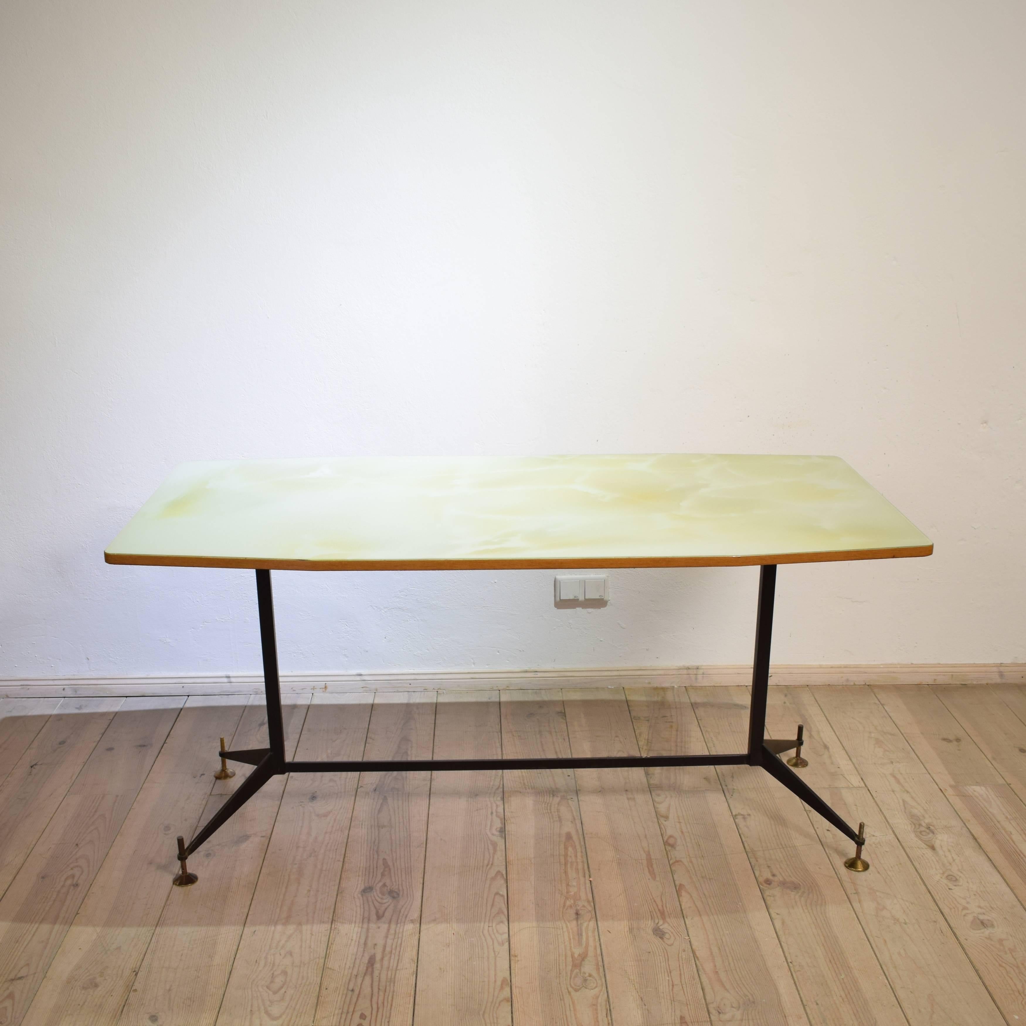 Lacquered Midcentury Italian Glass Top Dining Table or Desk, 1950s