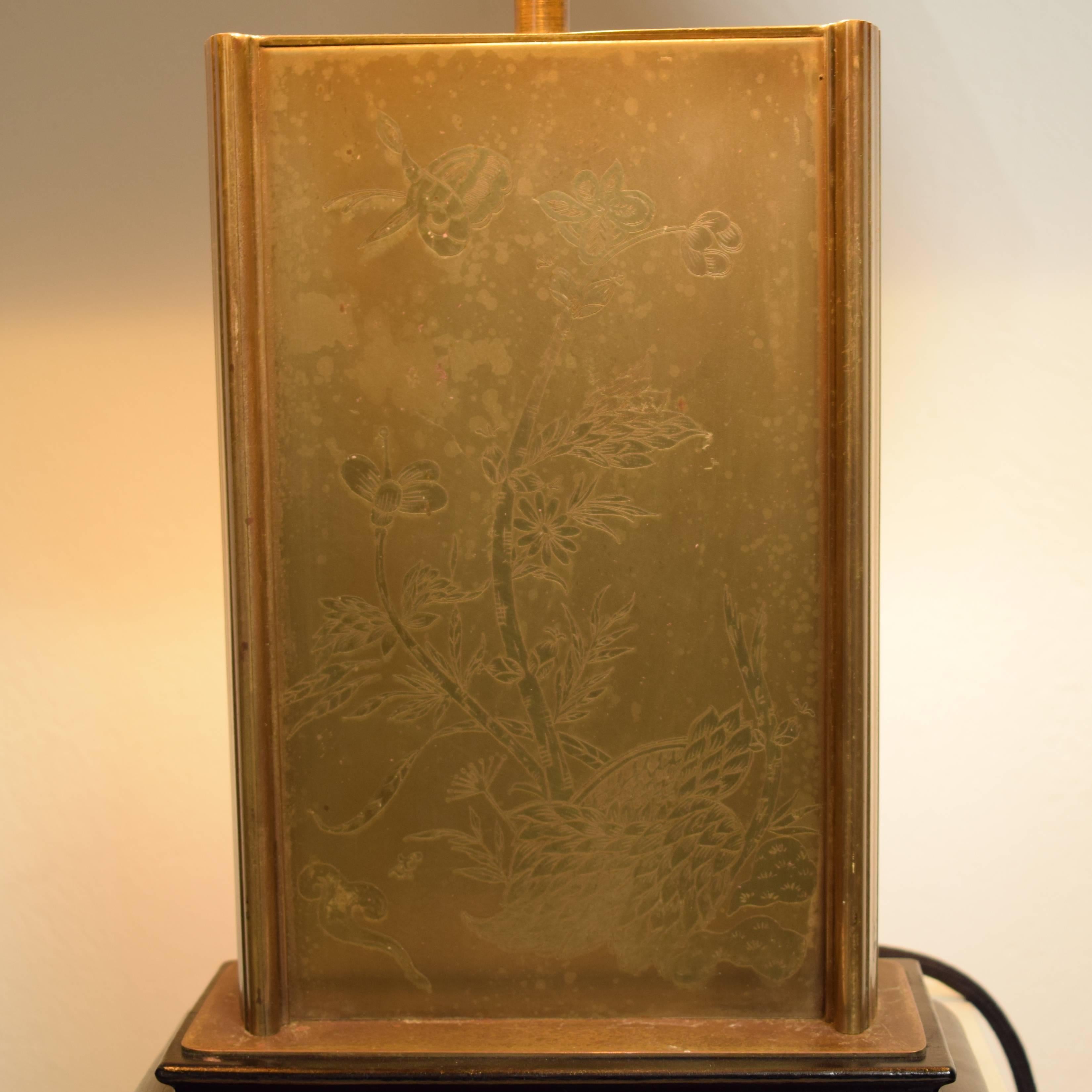 Ebonized Mid Century French Etched Brass Table Lamp
