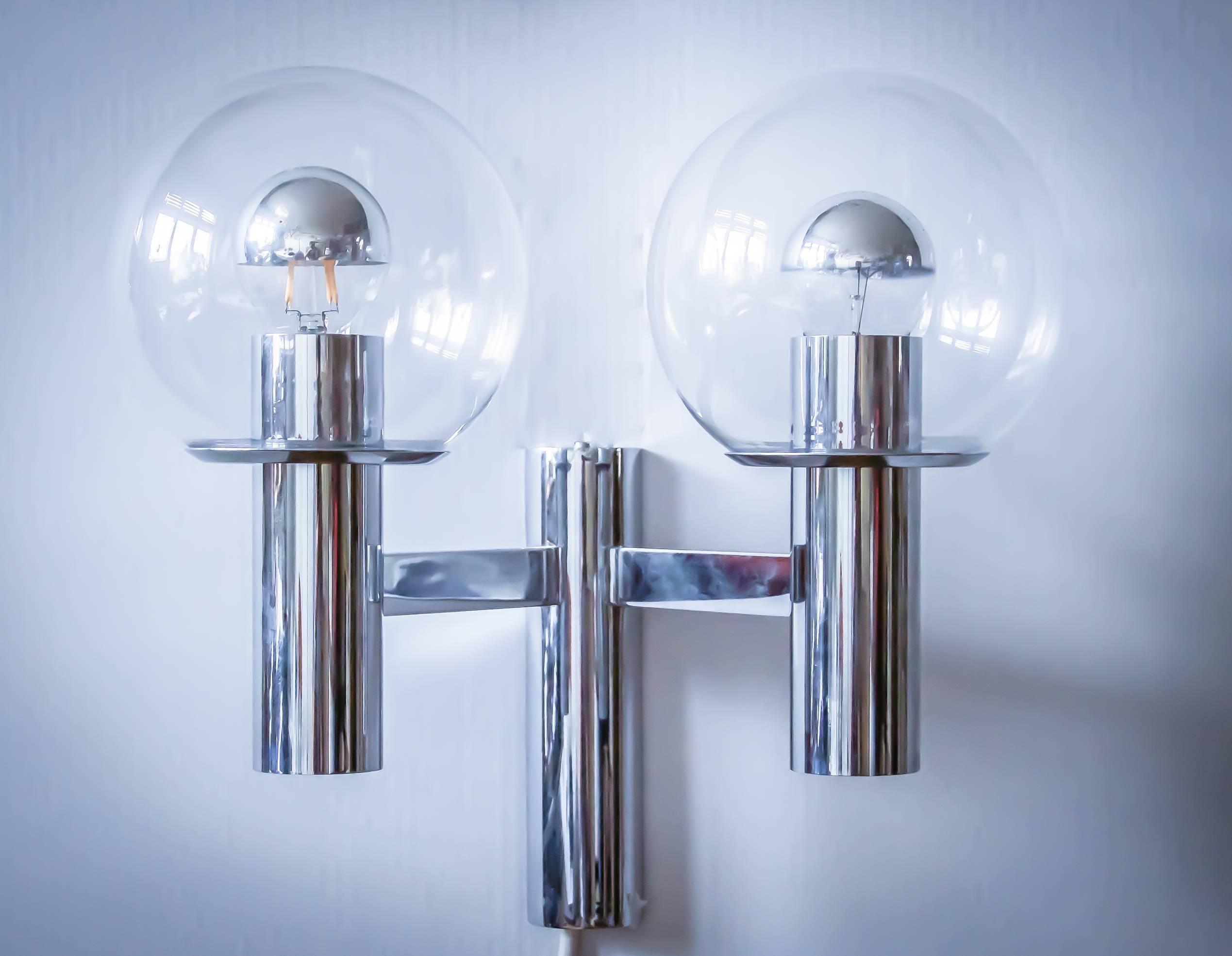 Pair of Bauhaus Chrome and Glass Wall Light by Ott International Germany In Excellent Condition In Berlin, DE