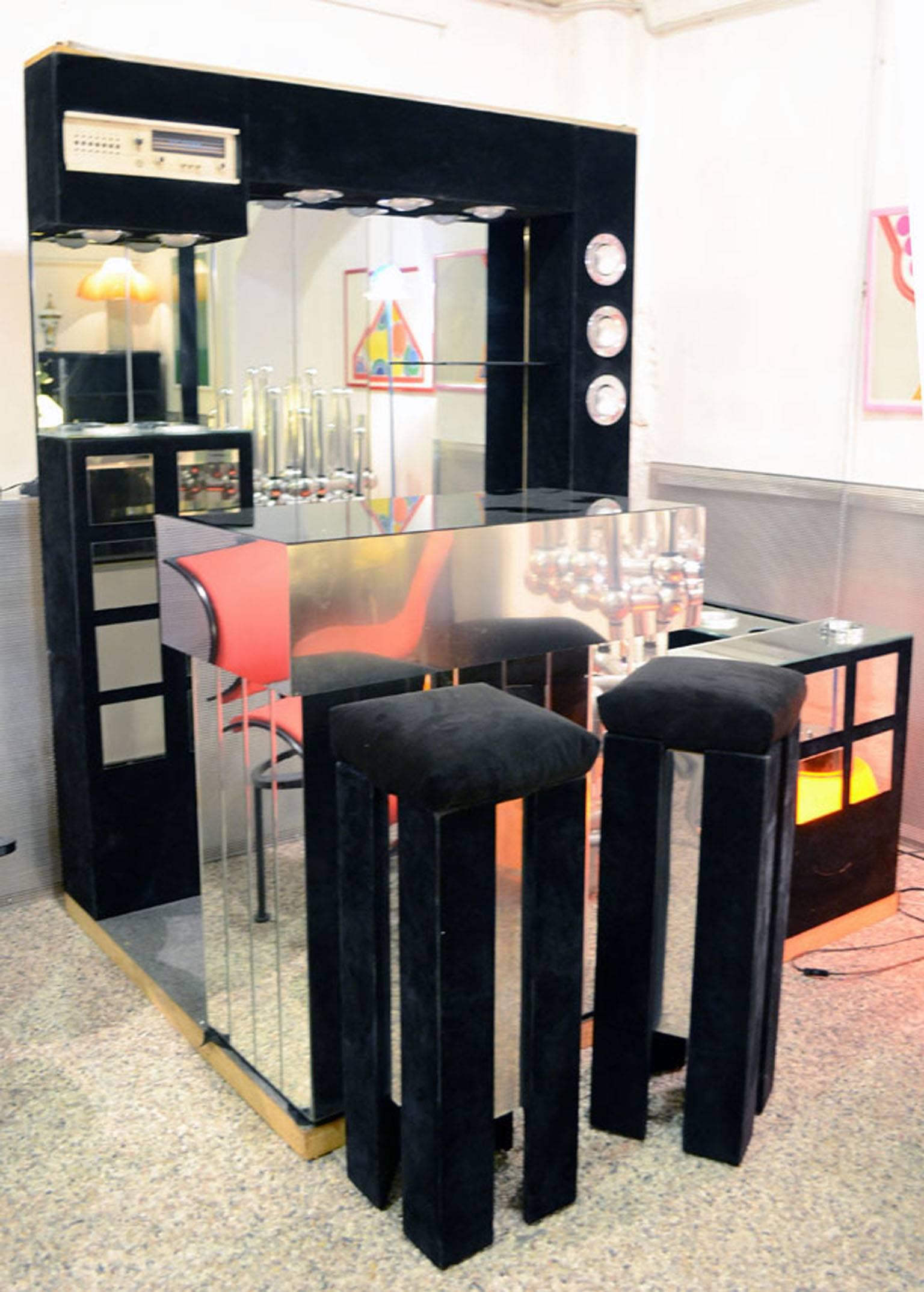 Mirror Italian 1960s Bar Furniture with Fridge, Radio and Two Stools For Sale