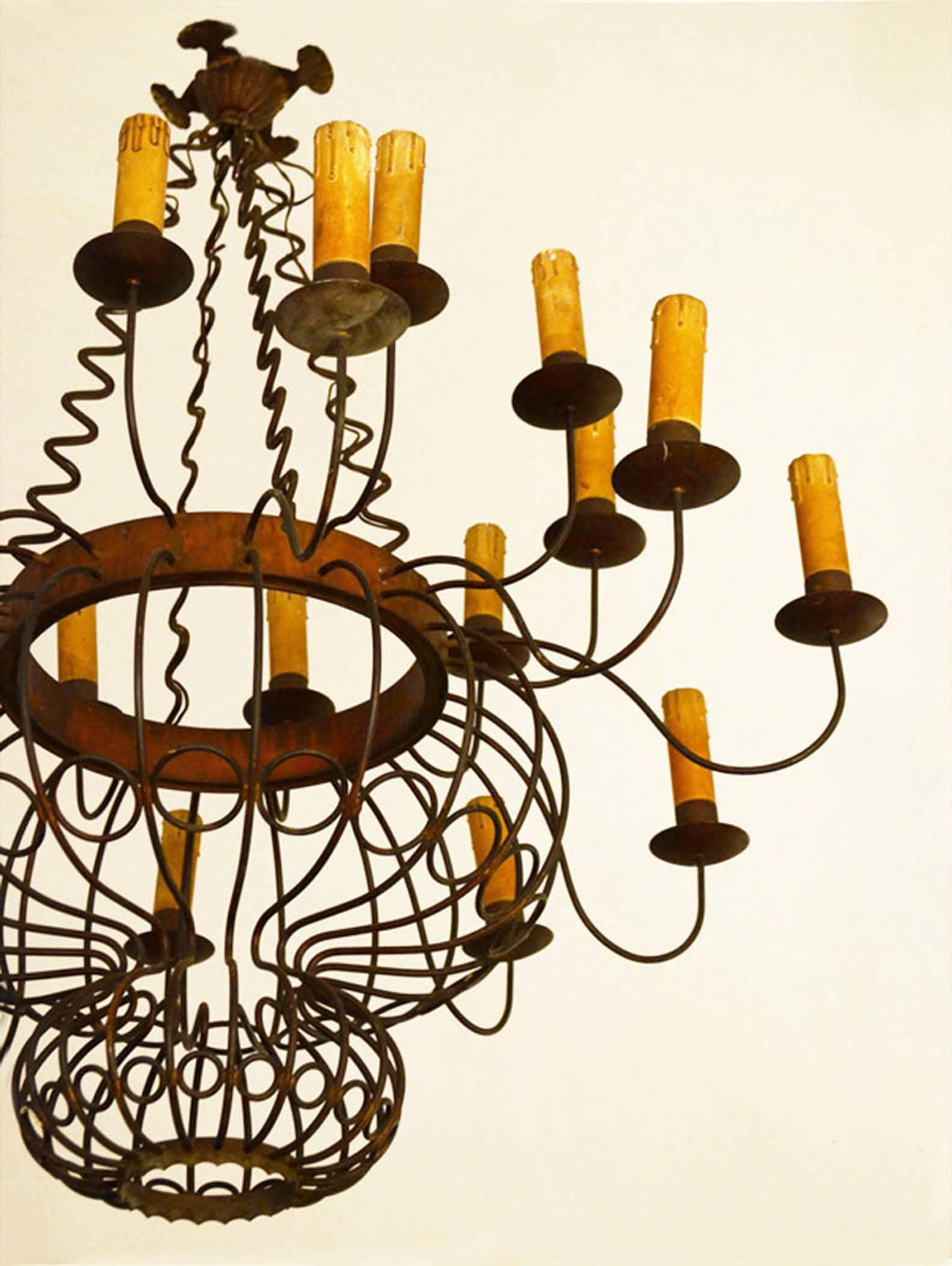 Mid-20th Century 1950s Italian Handmade Brass Chandelier with Candles Lamp Holders For Sale