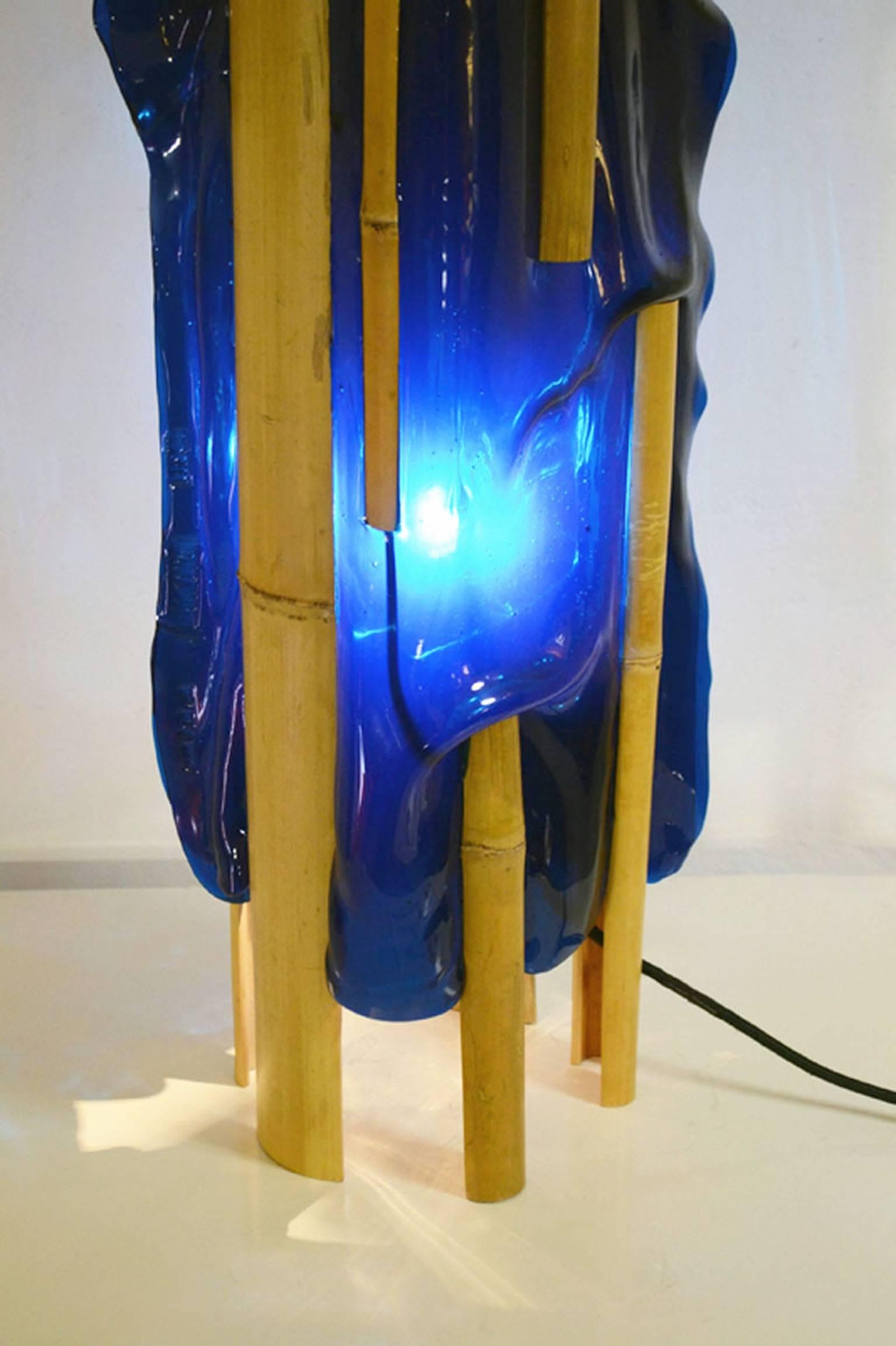 Italian Campana Brothers Lamp 'Nativo' in Blue Resin with Bamboo Insertions For Sale