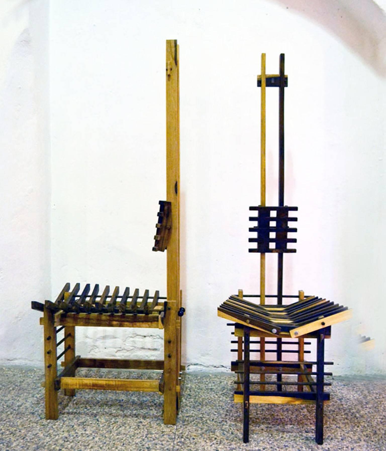Pair of sculpture chairs made of “Sano” Indonesian wood made by Anacleto Spazzapan in the 1990s.
Wholly interlocking, without the use of screws or nails.
Limited edition of 12 pieces.