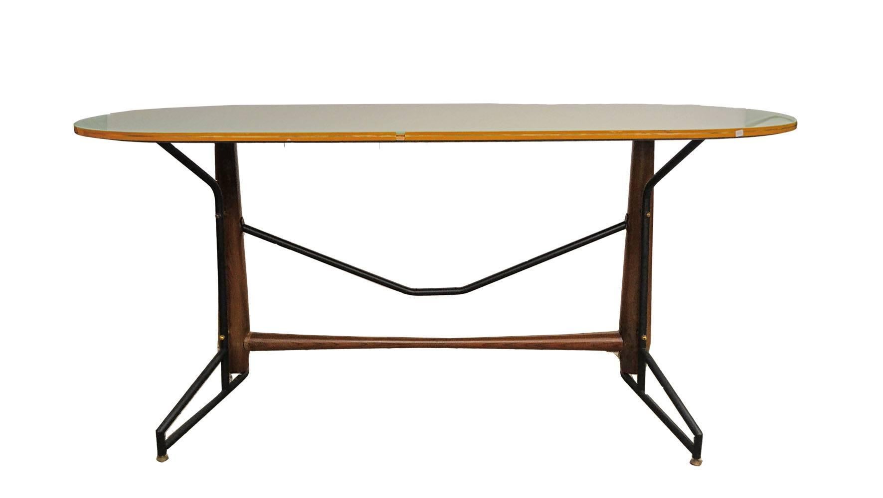 Mid-Century Modern 1950s Dining Table in Wood, Painted Metal and Brass with Painted Glass Top