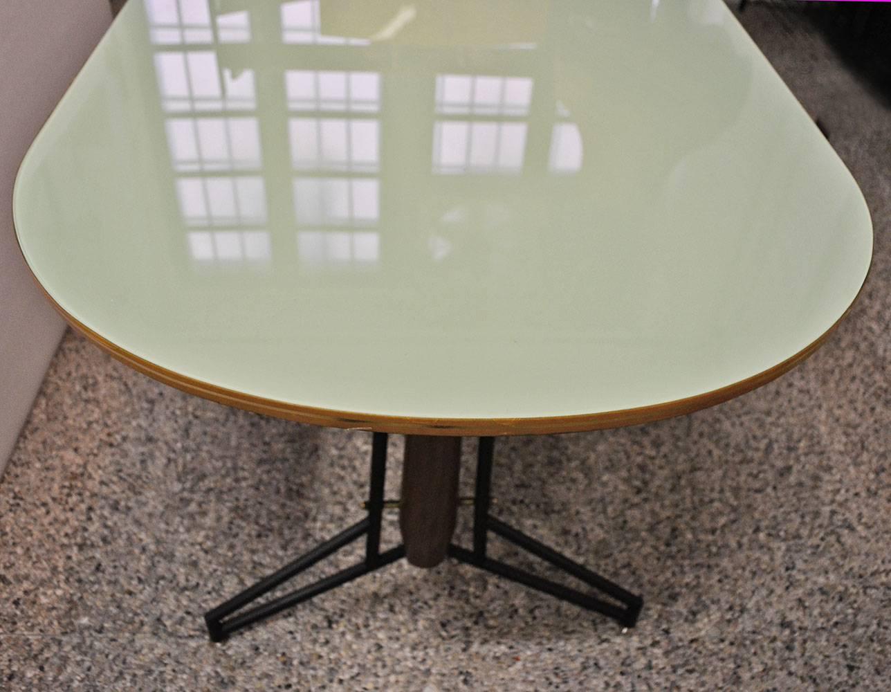Lacquered 1950s Dining Table in Wood, Painted Metal and Brass with Painted Glass Top
