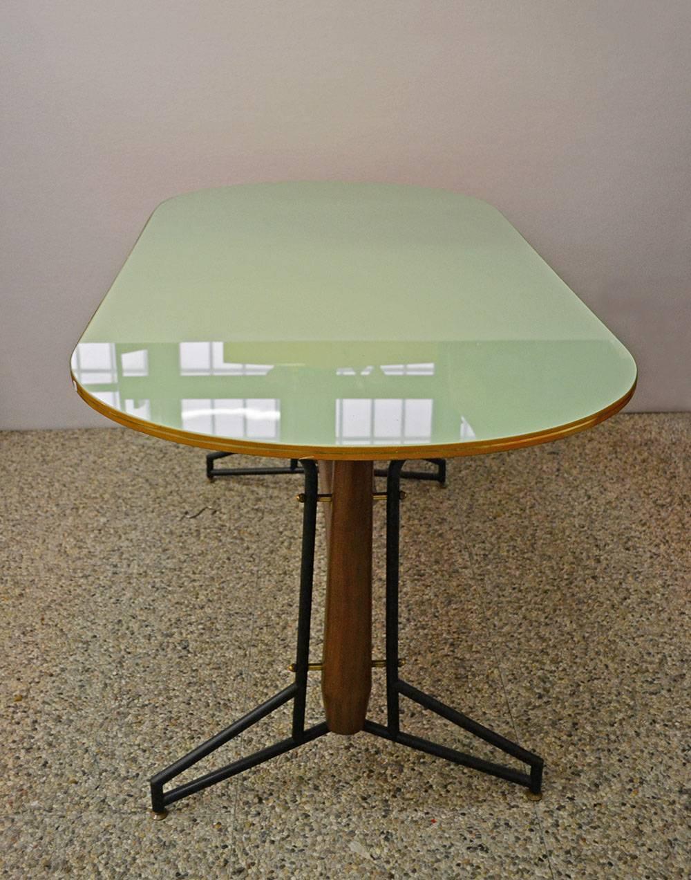 1950s Dining Table in Wood, Painted Metal and Brass with Painted Glass Top In Excellent Condition In Parma, IT