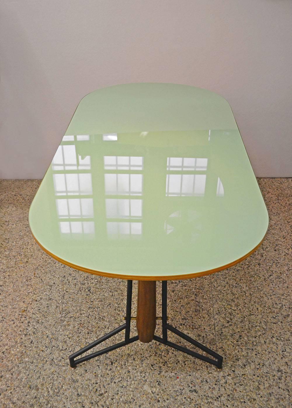Mid-20th Century 1950s Dining Table in Wood, Painted Metal and Brass with Painted Glass Top