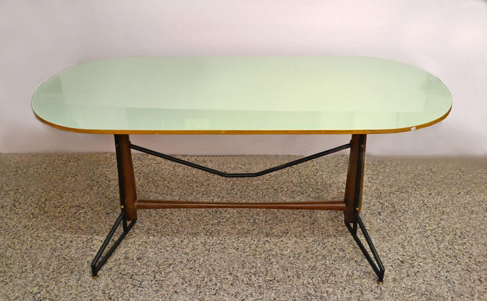 1950s Dining Table in Wood, Painted Metal and Brass with Painted Glass Top 3