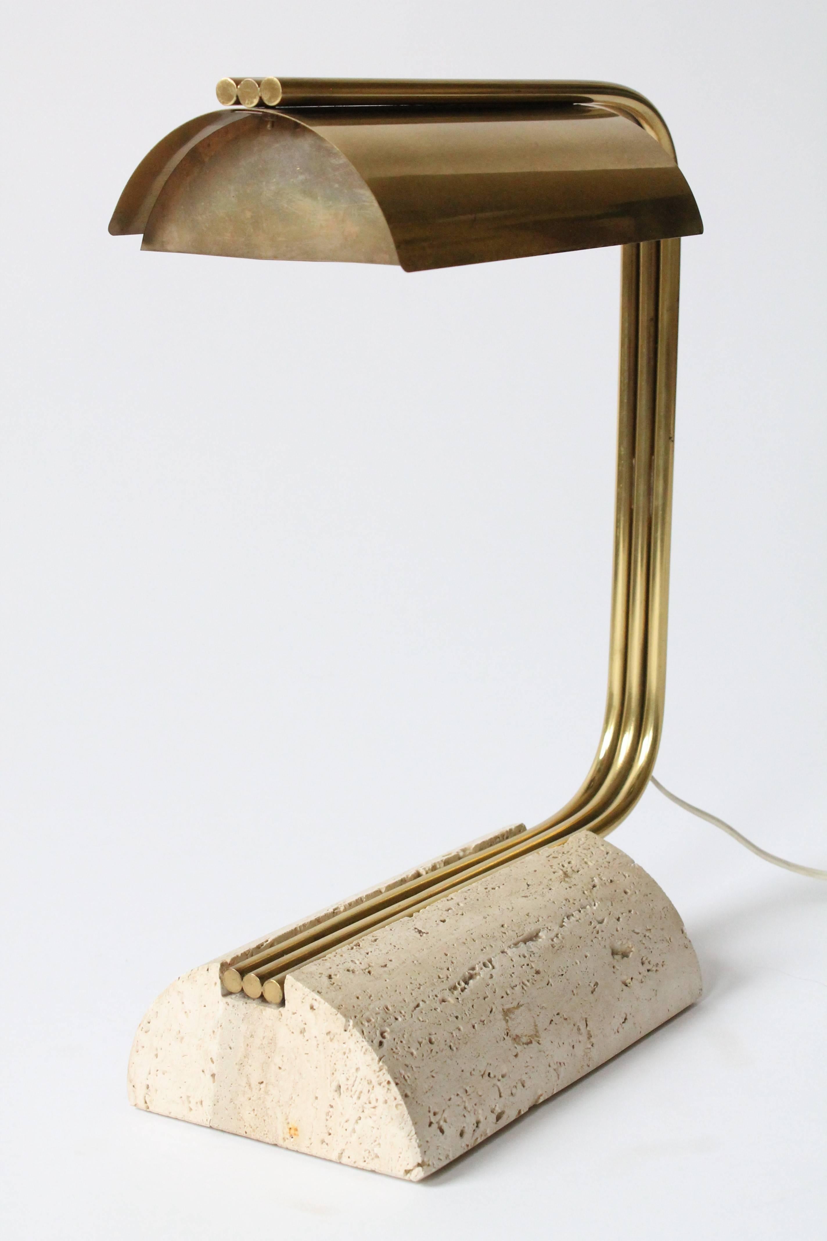Italian Brass & Travertine Desk Lamp, Mid-Century Modern, 1960s, Italy
