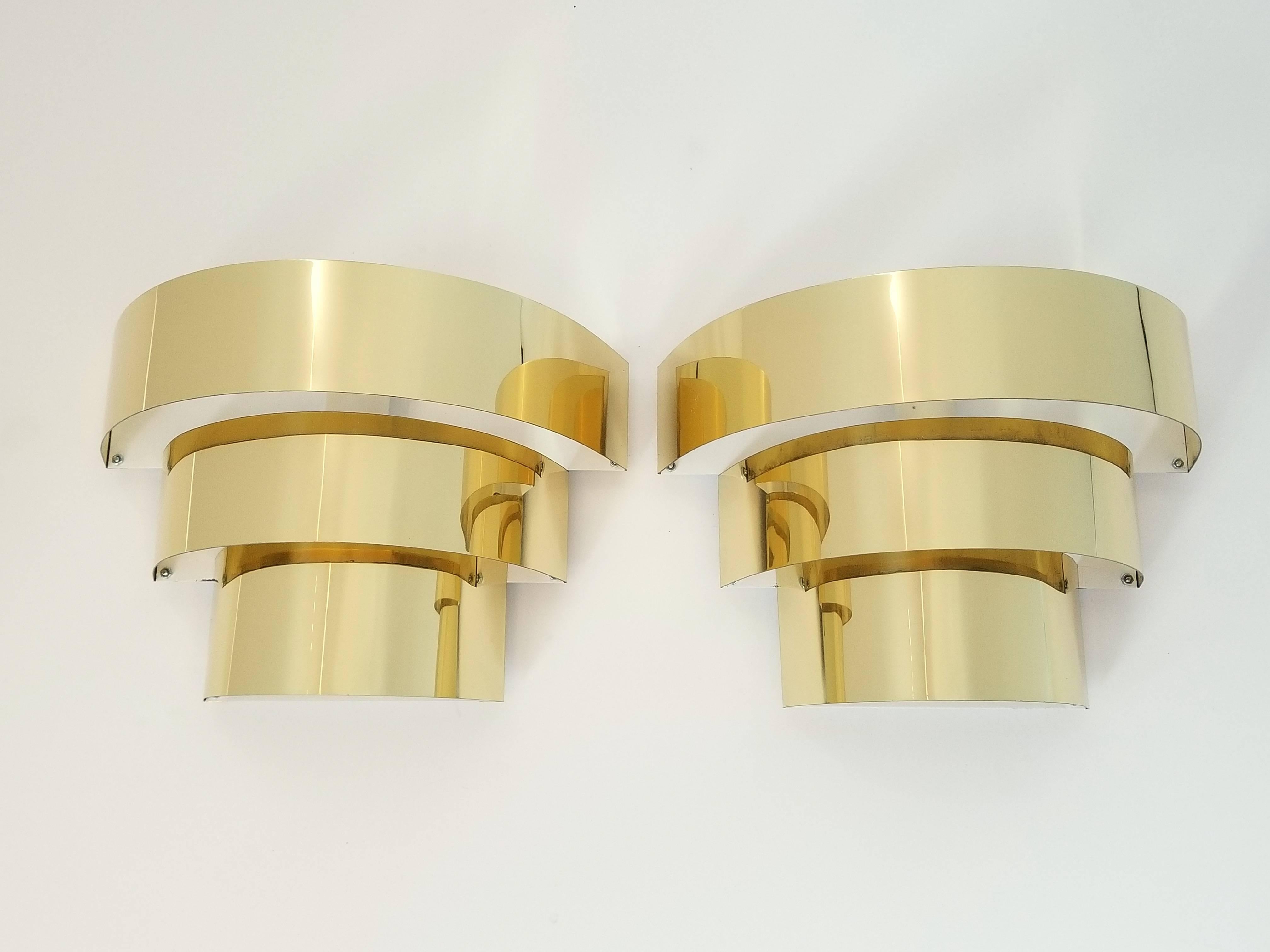 Art Deco Cascade Brass Plated Wall Sconces 1990s , USA For Sale