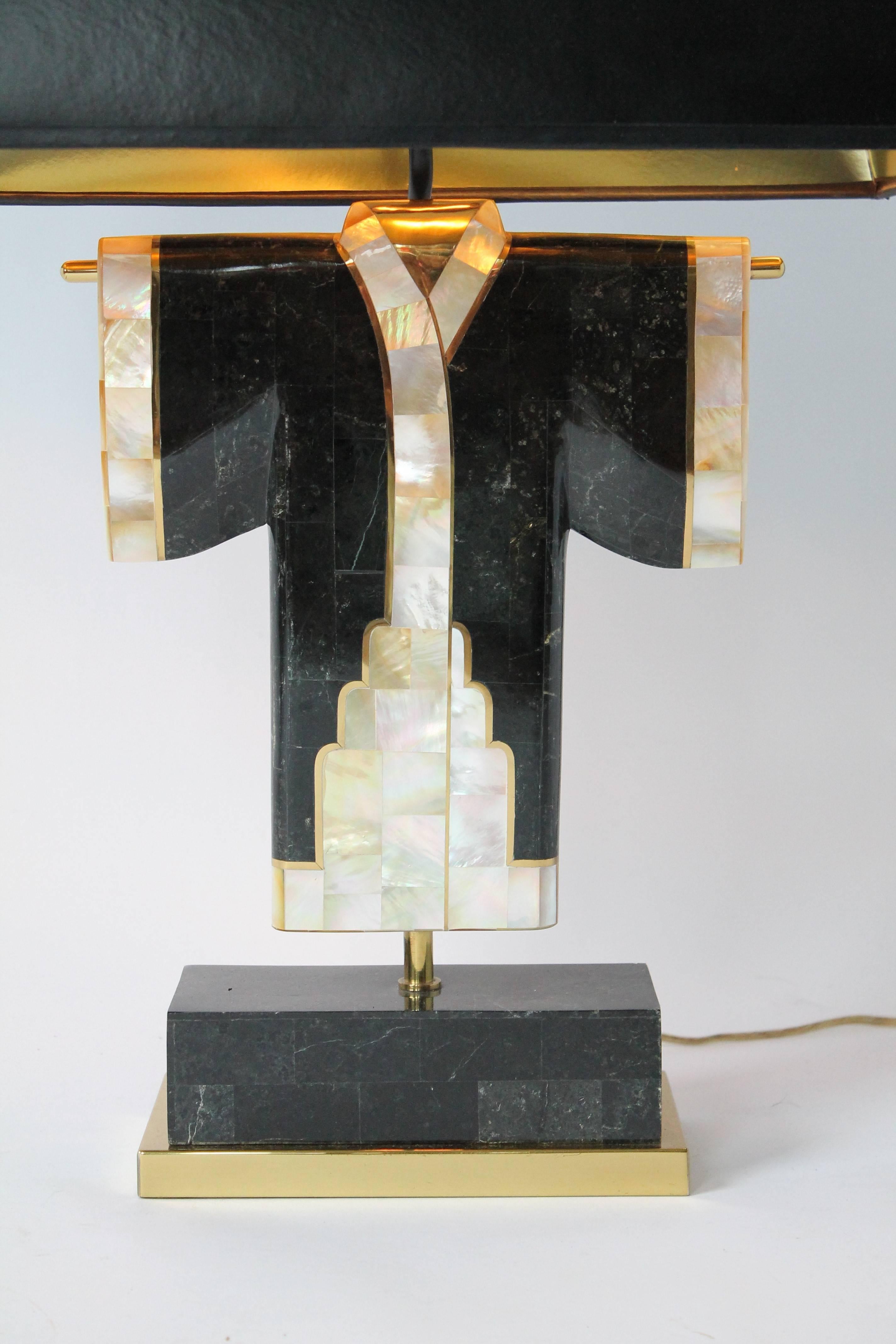 Pair of Marble, Brass and Capiz Kimono Table Lamp, USA, 1980s 10
