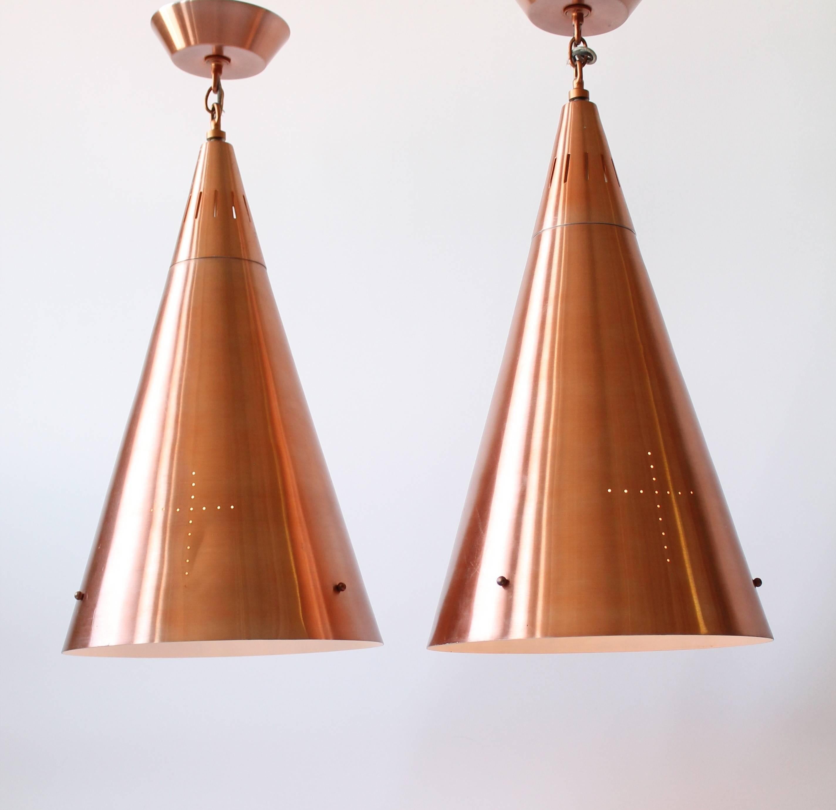 Mid-20th Century 1950s Pair of Huge Pendant in Copper Anodized Aluminium with Glass Lens  For Sale