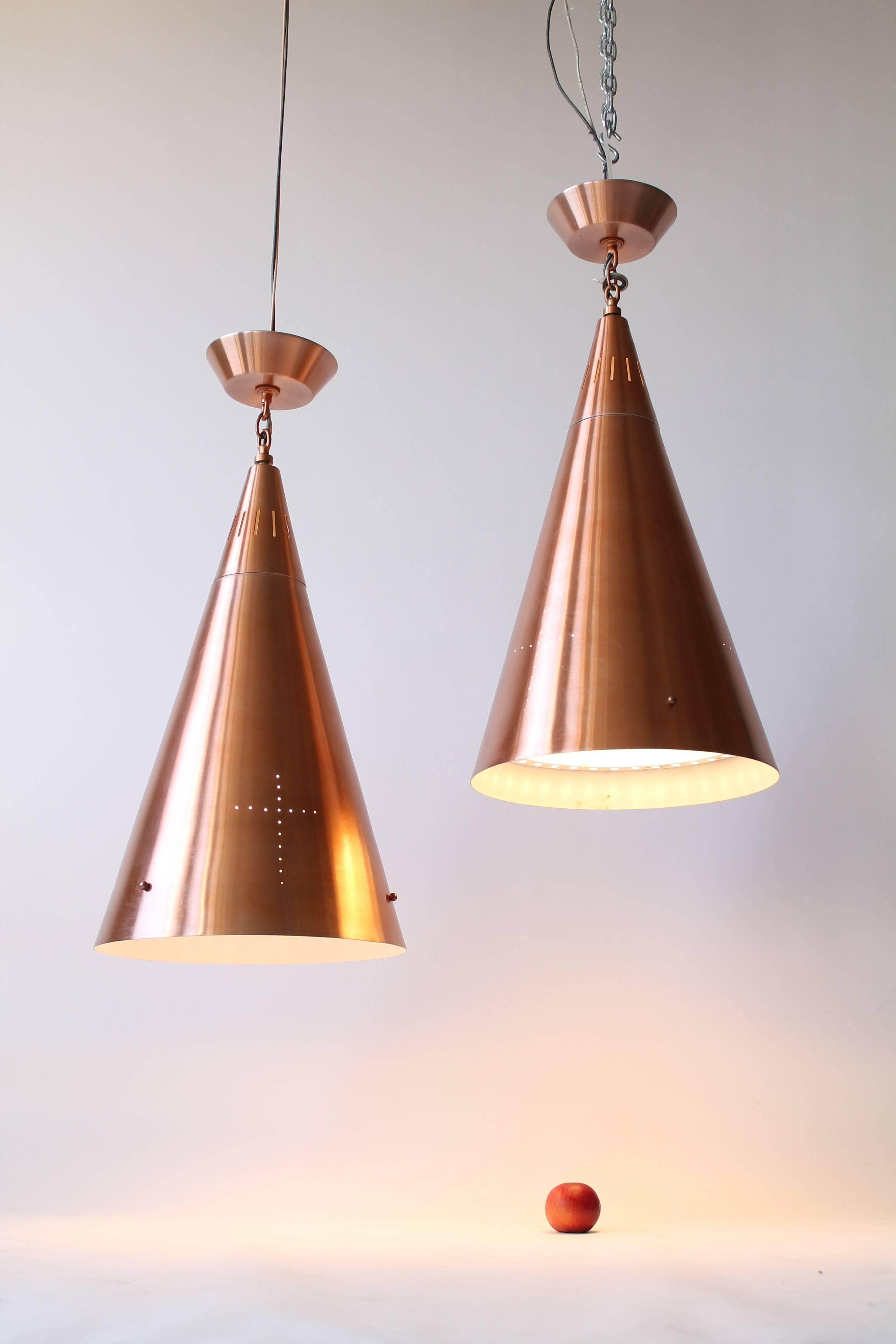 Italian 1950s Pair of Huge Pendant in Copper Anodized Aluminium with Glass Lens  For Sale