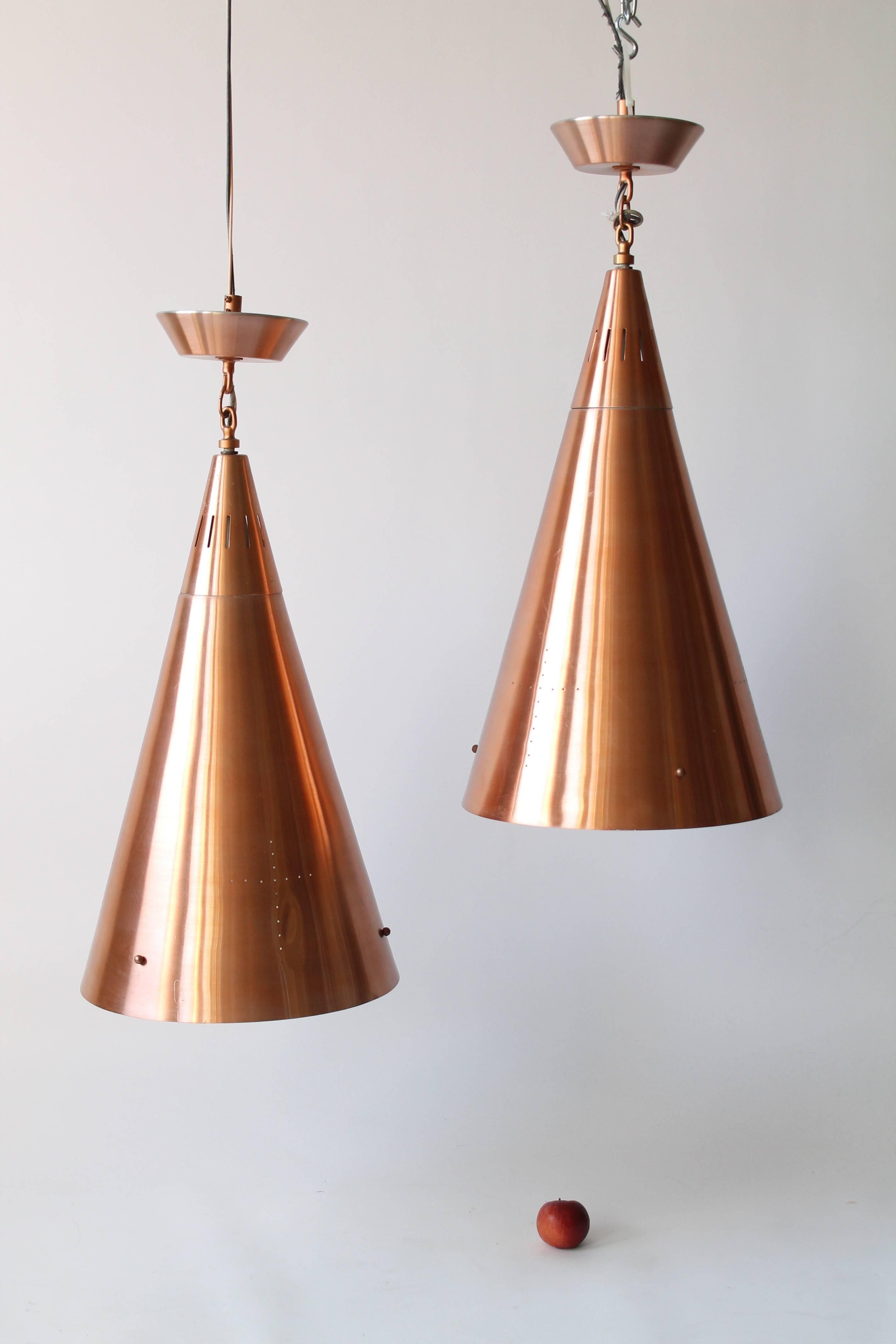 Aluminum 1950s Pair of Huge Pendant in Copper Anodized Aluminium with Glass Lens  For Sale