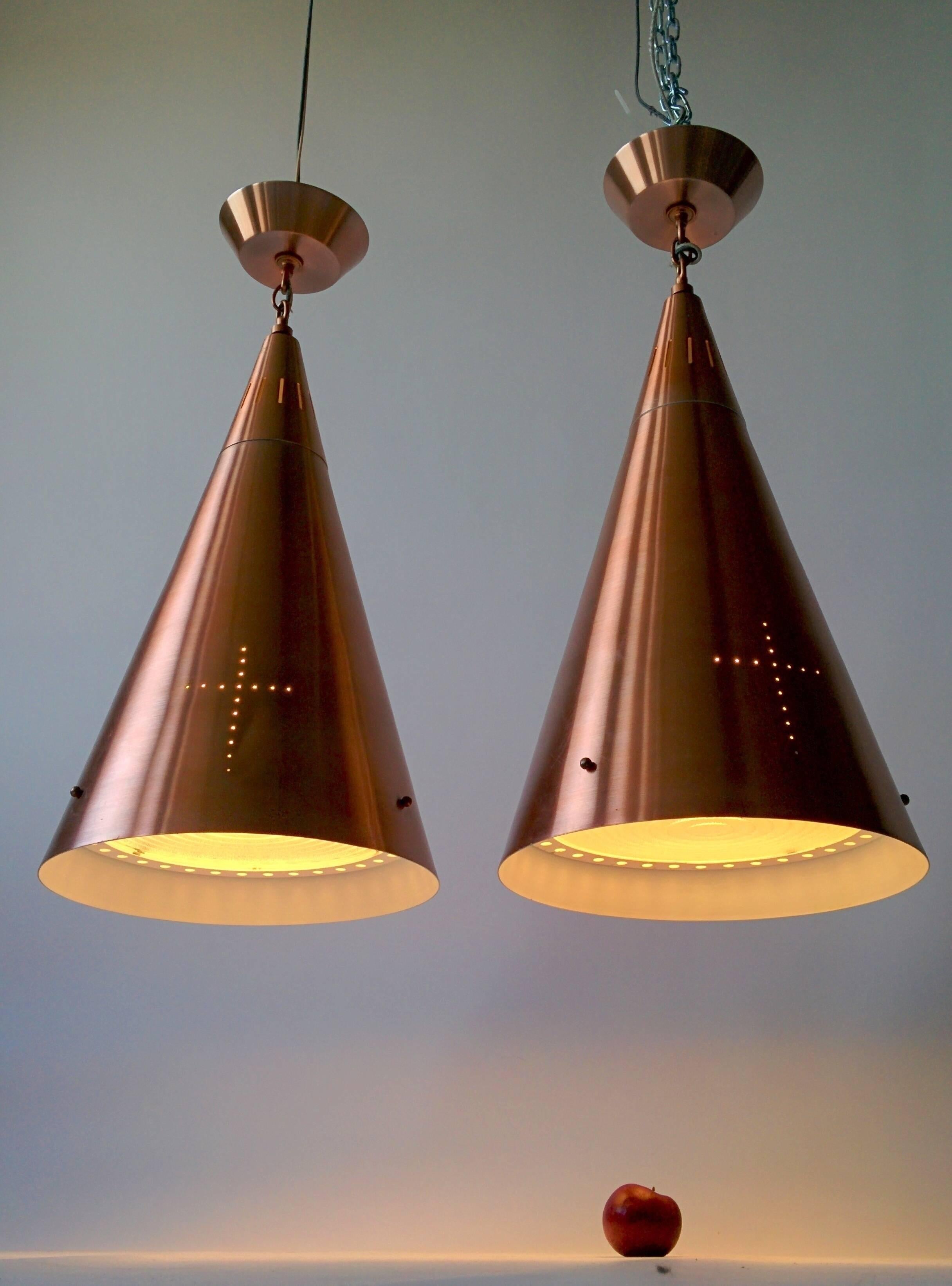 Spun 1950s Pair of Huge Pendant in Copper Anodized Aluminium with Glass Lens  For Sale