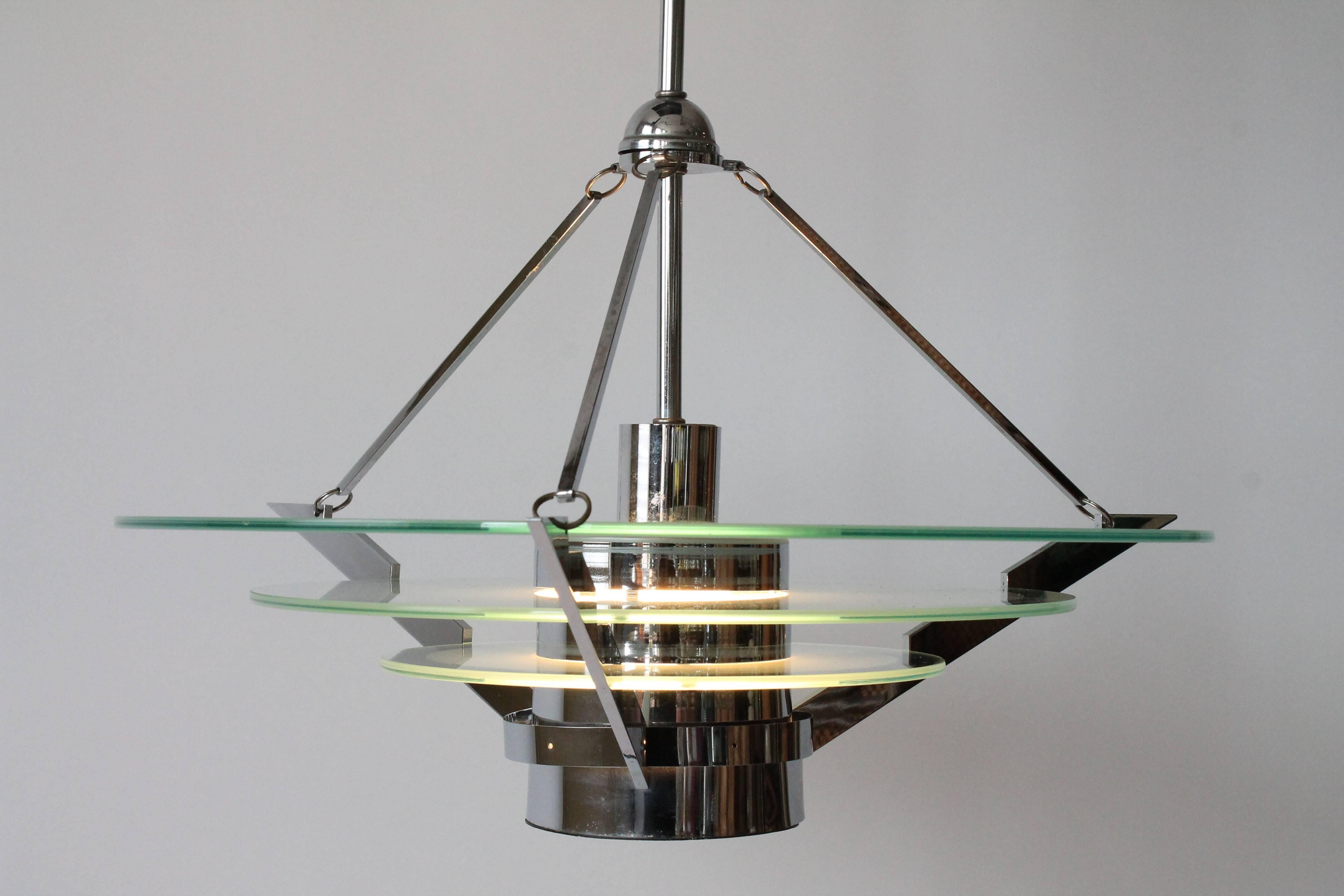 Art Deco Style Chrome & Etched Glass Chandelier Mid-Century Vintage, 1970s, USA For Sale 2