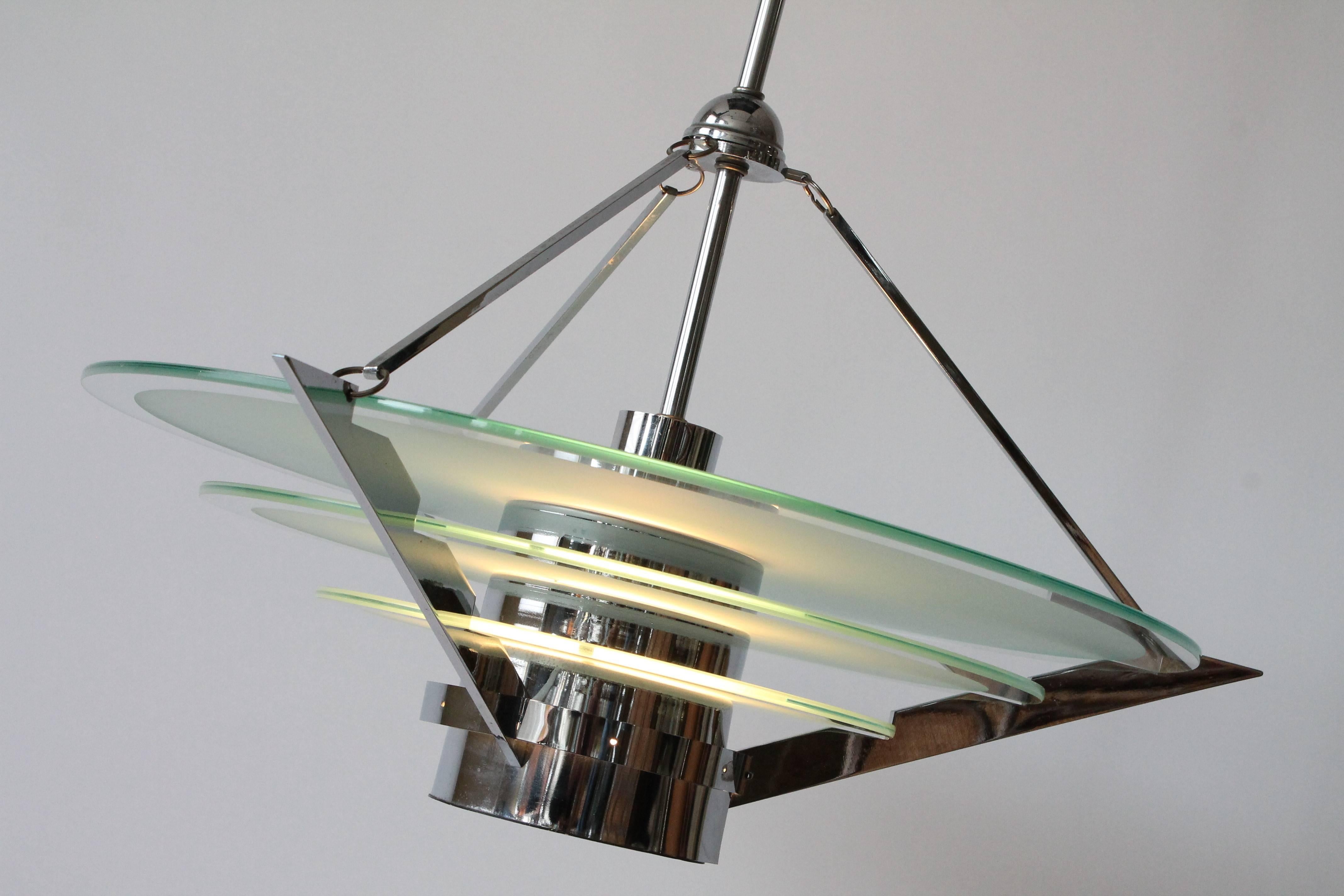 Art Deco Style Chrome & Etched Glass Chandelier Mid-Century Vintage, 1970s, USA For Sale 1